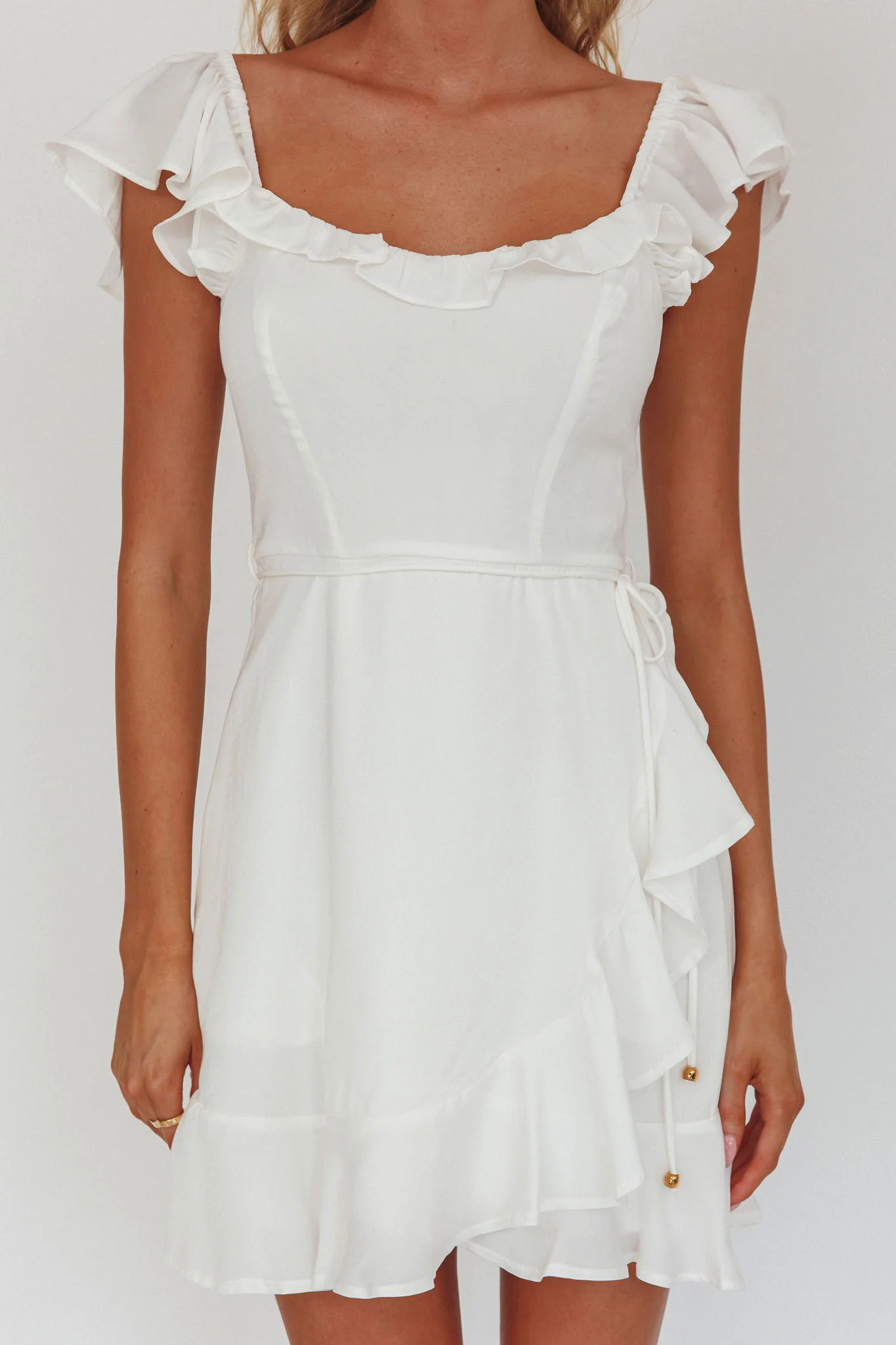 Thinkin' Bout You Ruffle Trim Waist-Tie Dress White - Image 3