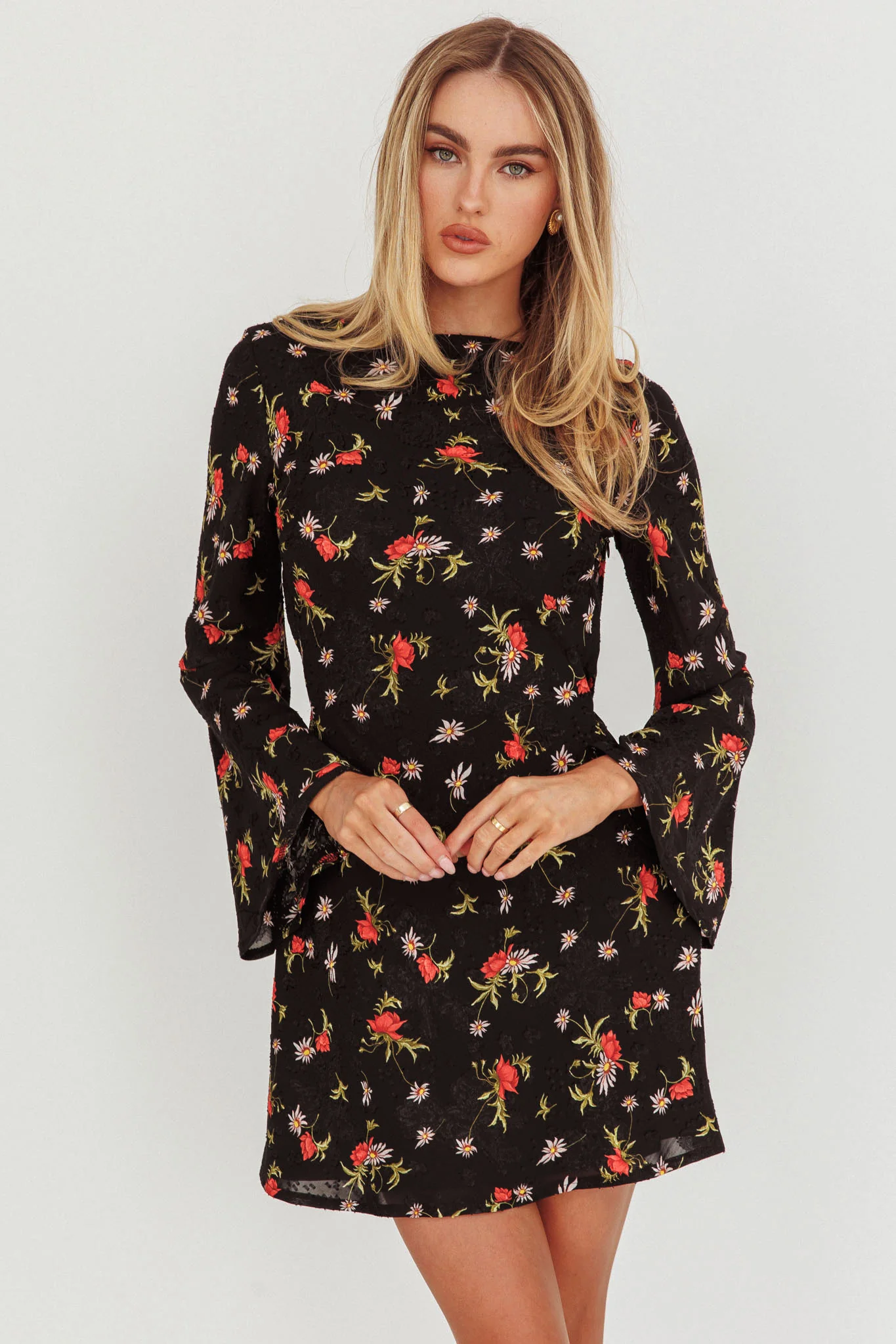 Thriller Long Sleeve Backless Mini Dress Floral Black - Image 5