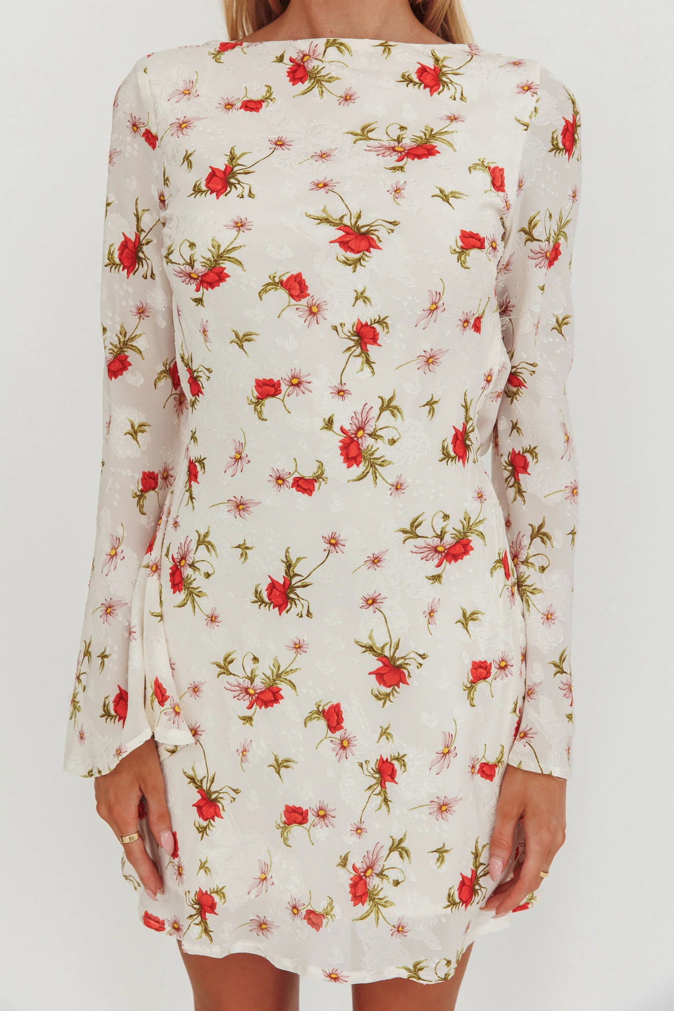 Thriller Long Sleeve Backless Mini Dress Floral White - Image 3