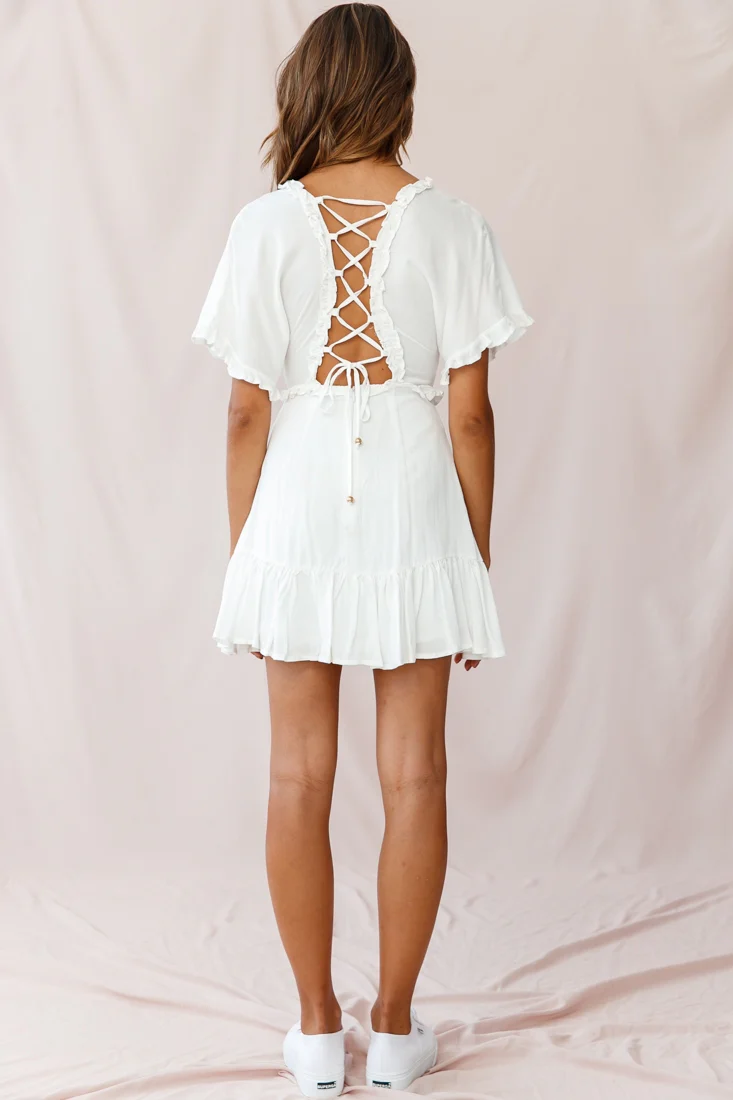 Thursday Ruffle Detail Lace-Up Back Dress White - Image 3