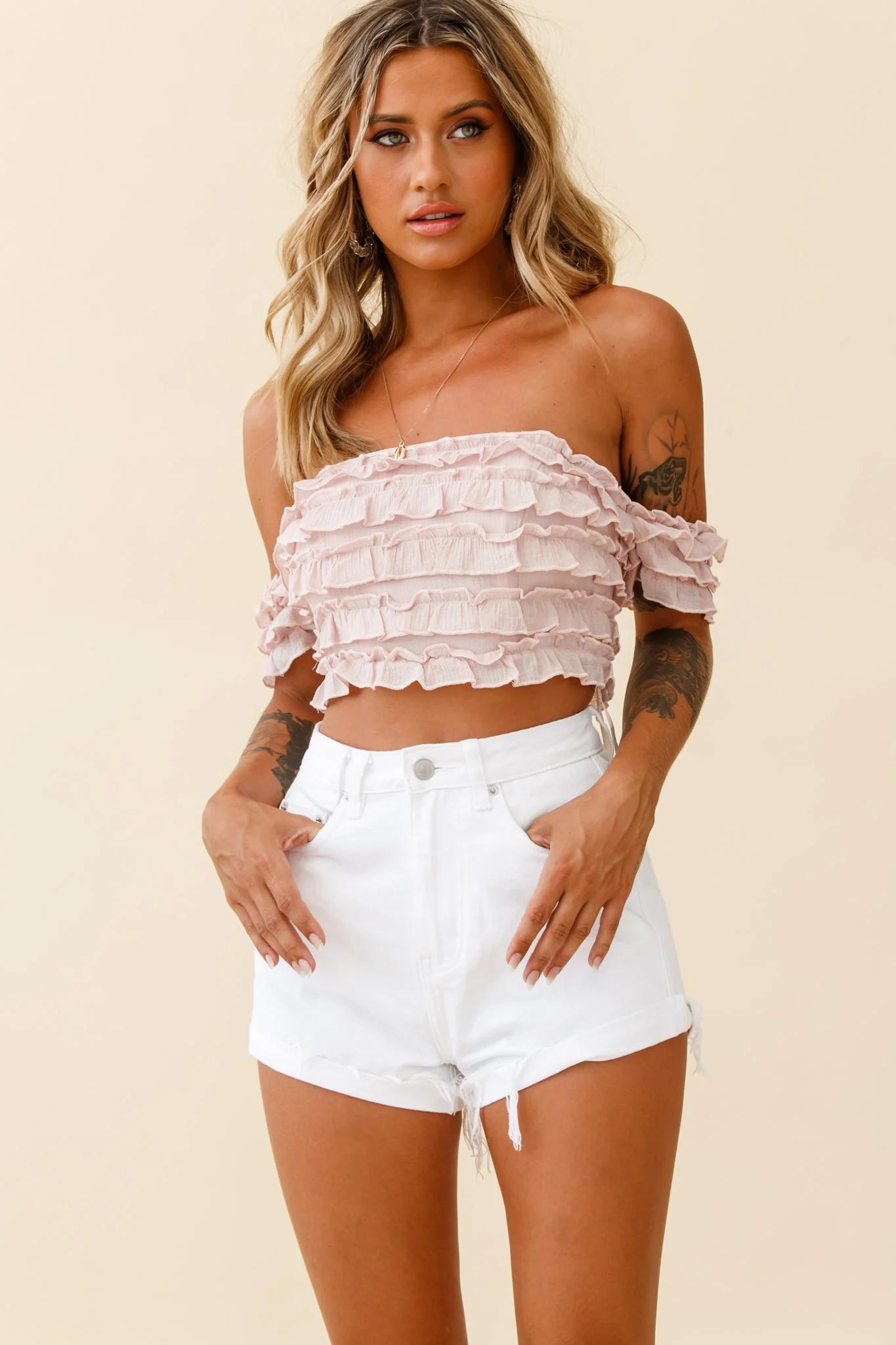 Tigerlily Tiered Frill Off-Shoulder Top Blush - Image 6
