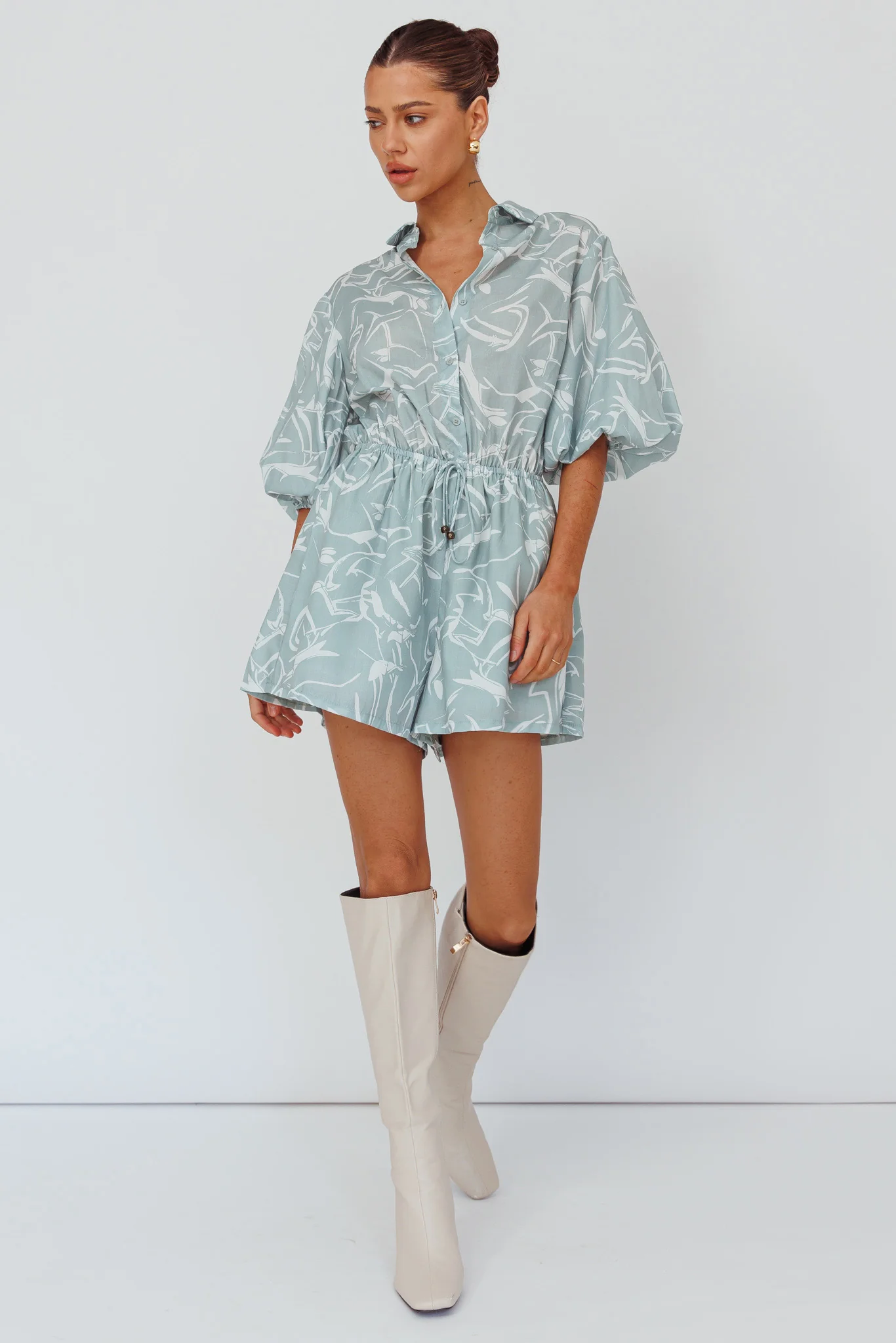 Tiki Puff Sleeve Drawstring Romper Print Sage - Image 3
