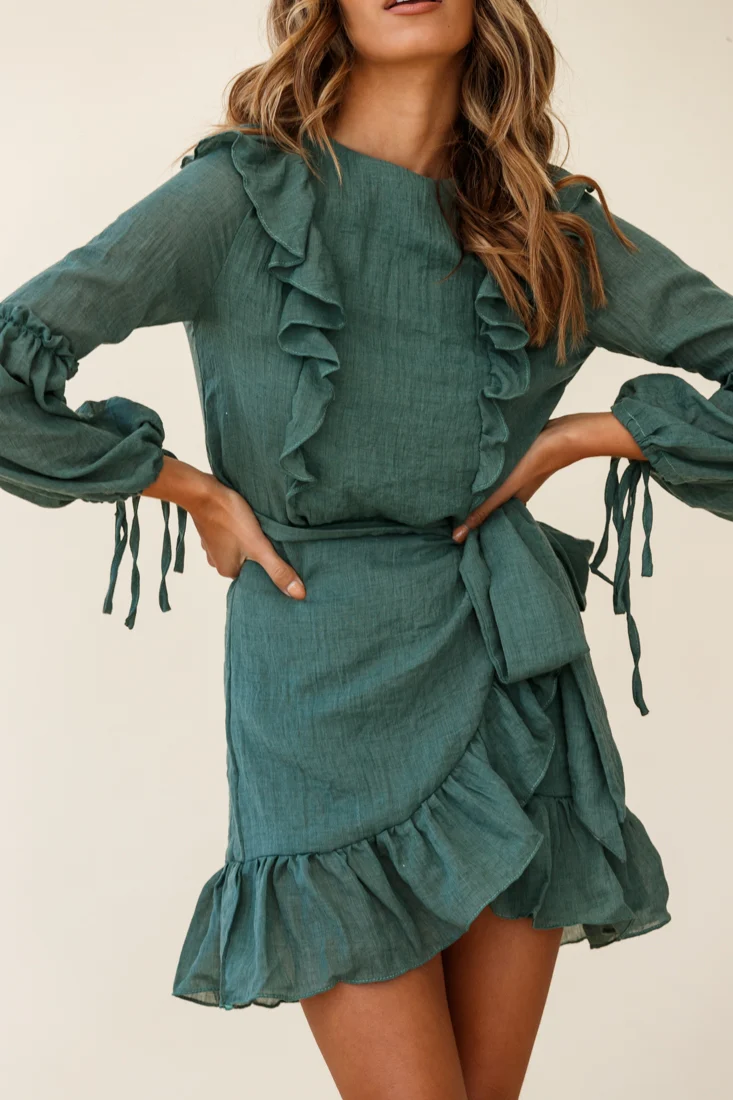 Tila Long Balloon Sleeve Wrap Front Dress Khaki - Image 2