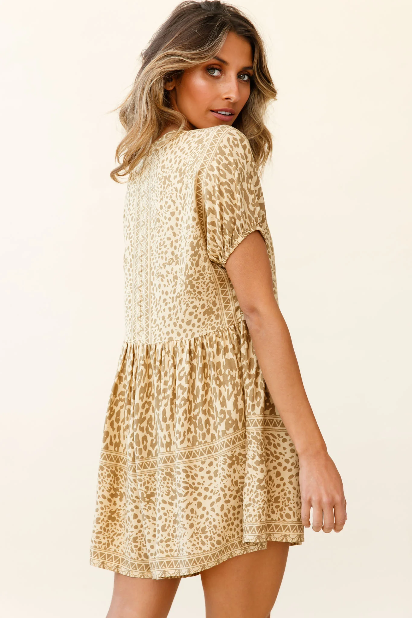 Time Flies Puff Sleeve T-Shirt Romper Animal Print Khaki - Image 2