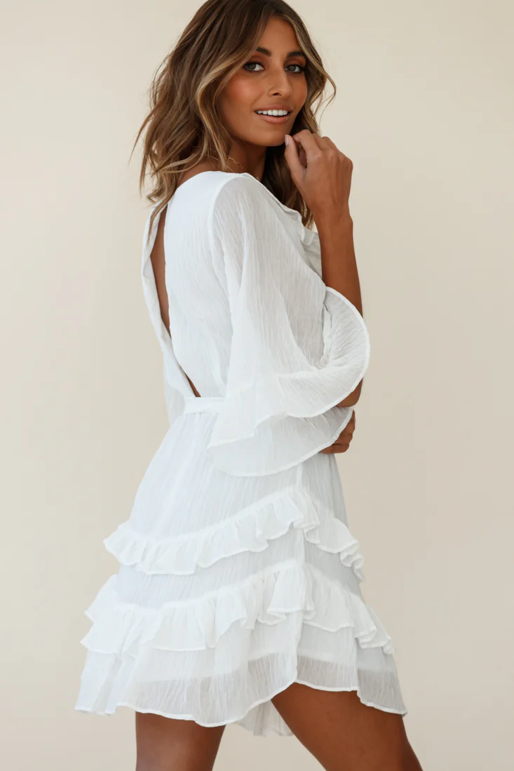 Time Will Tell Angel Sleeve Frill Detail Dress White - Image 3