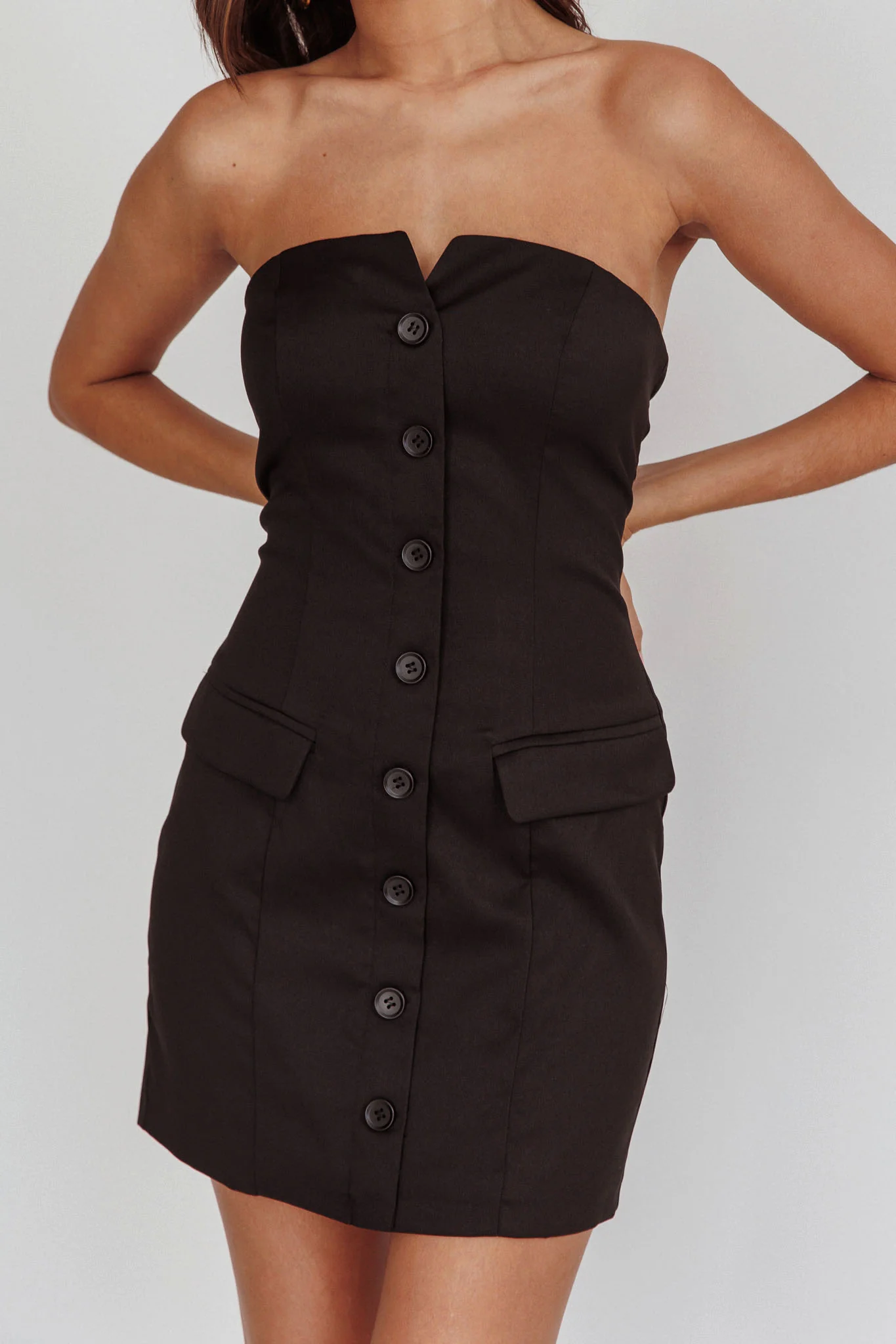 Titania Strapless Buttoned Mini Dress Black - Image 4
