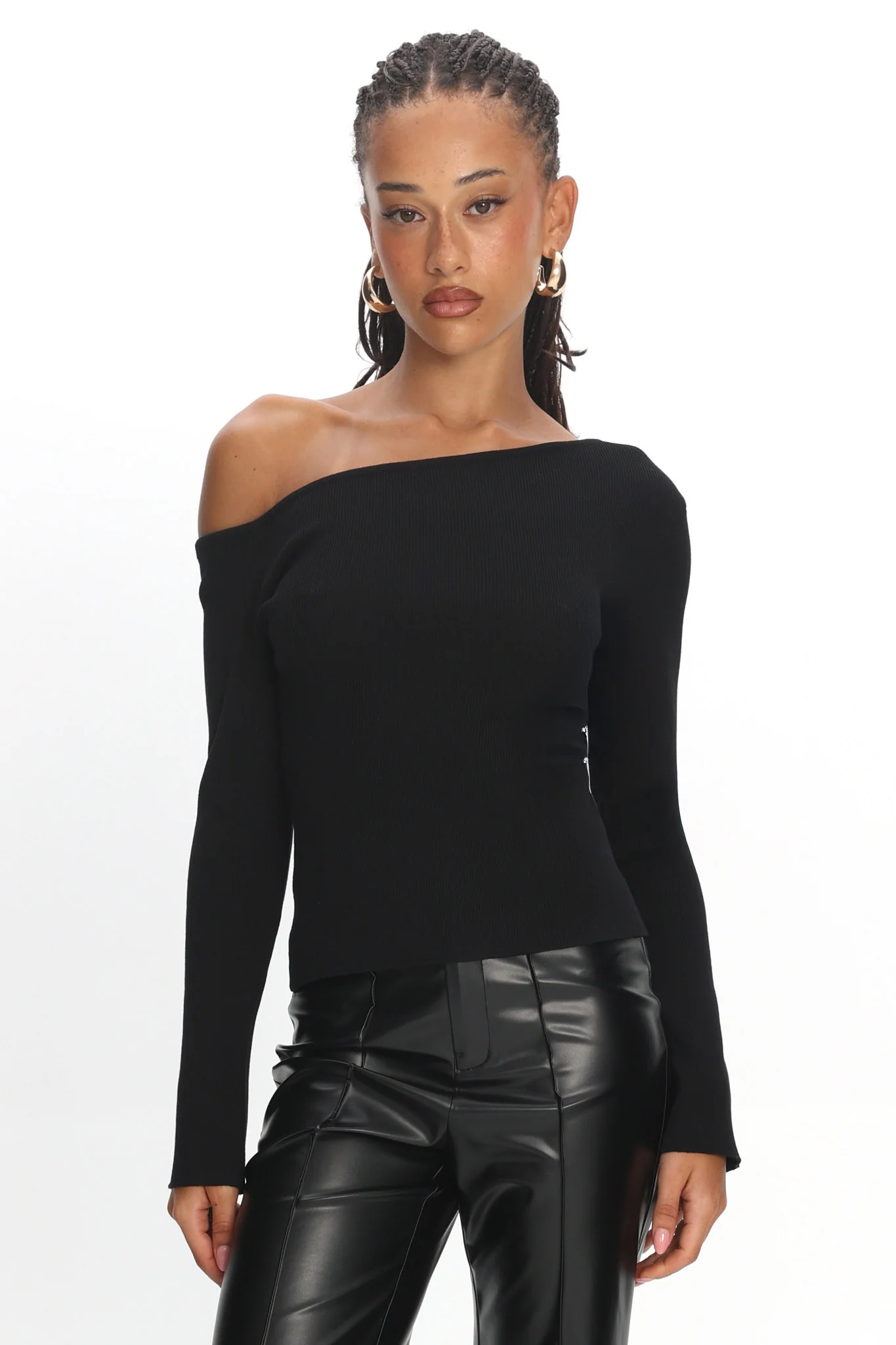 Toby Asymmetrical Off-Shoulder Knit Top Black - Image 5