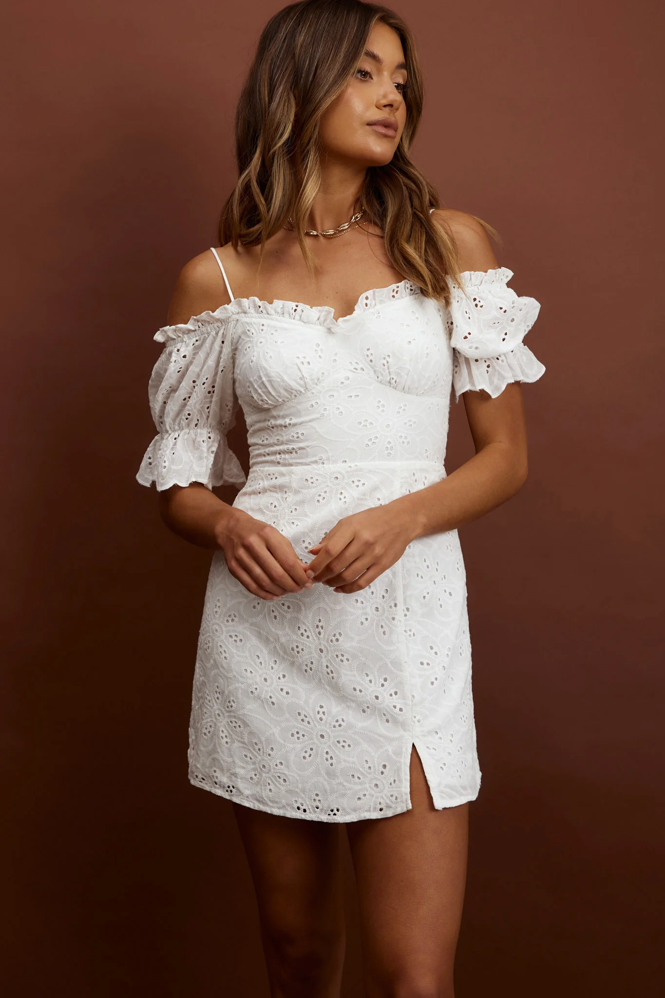 Toluca Puff Sleeve Frill Trim Eyelet Dress White - Image 4
