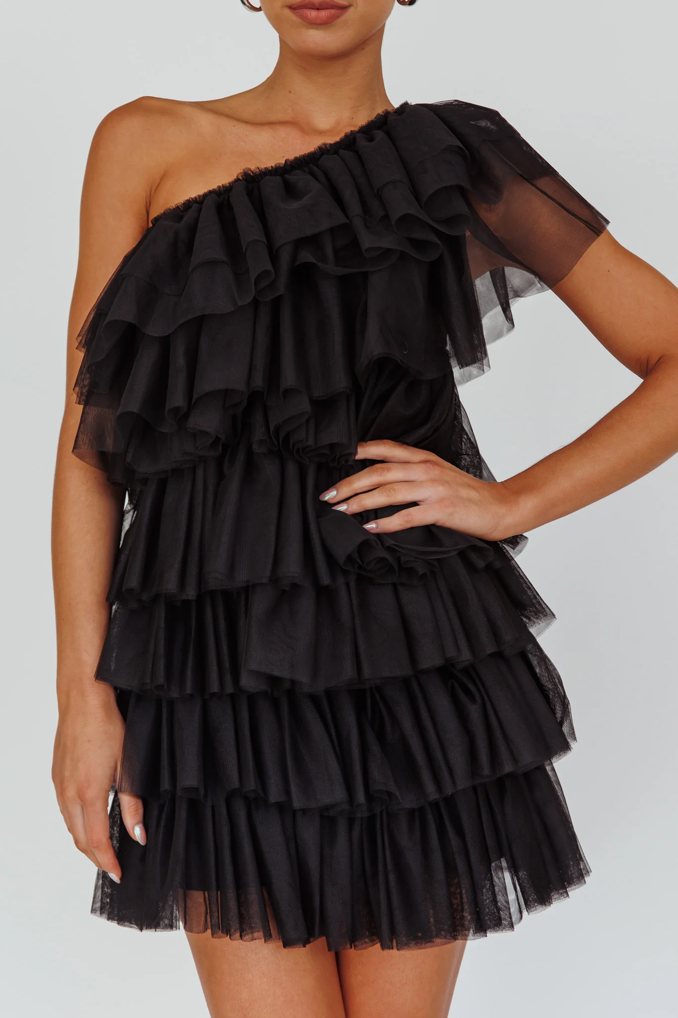 Tomi Layered Frill One-Shoulder Mini Dress Black - Image 4