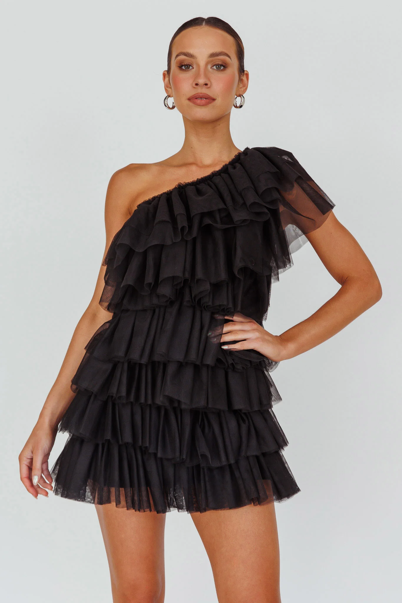 Tomi Layered Frill One-Shoulder Mini Dress Black - Image 6