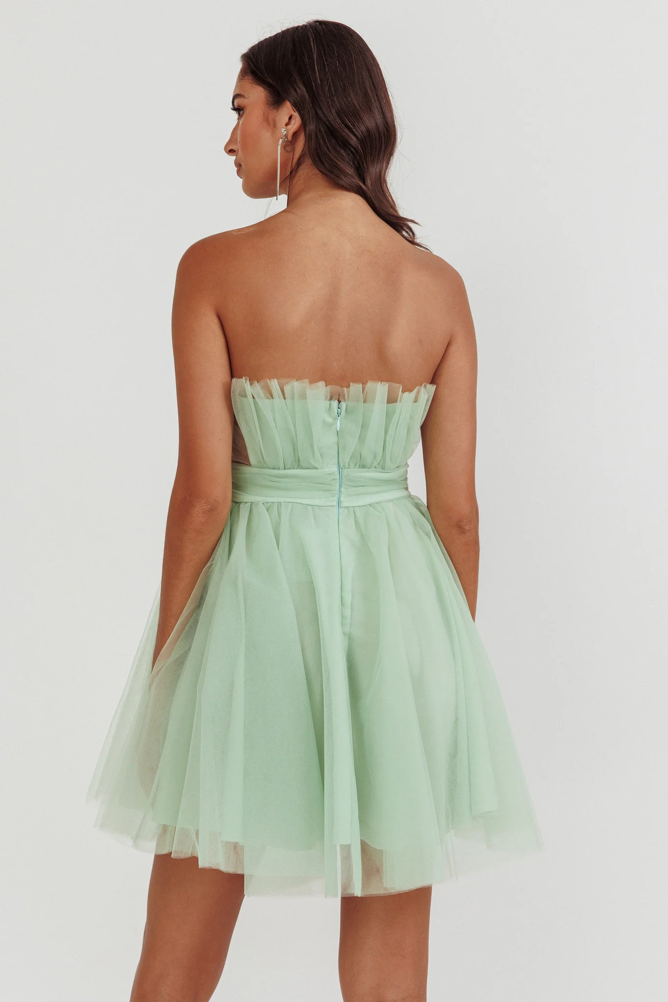 Touch The Stars Gathered Mesh Mini Dress Sage - Image 2