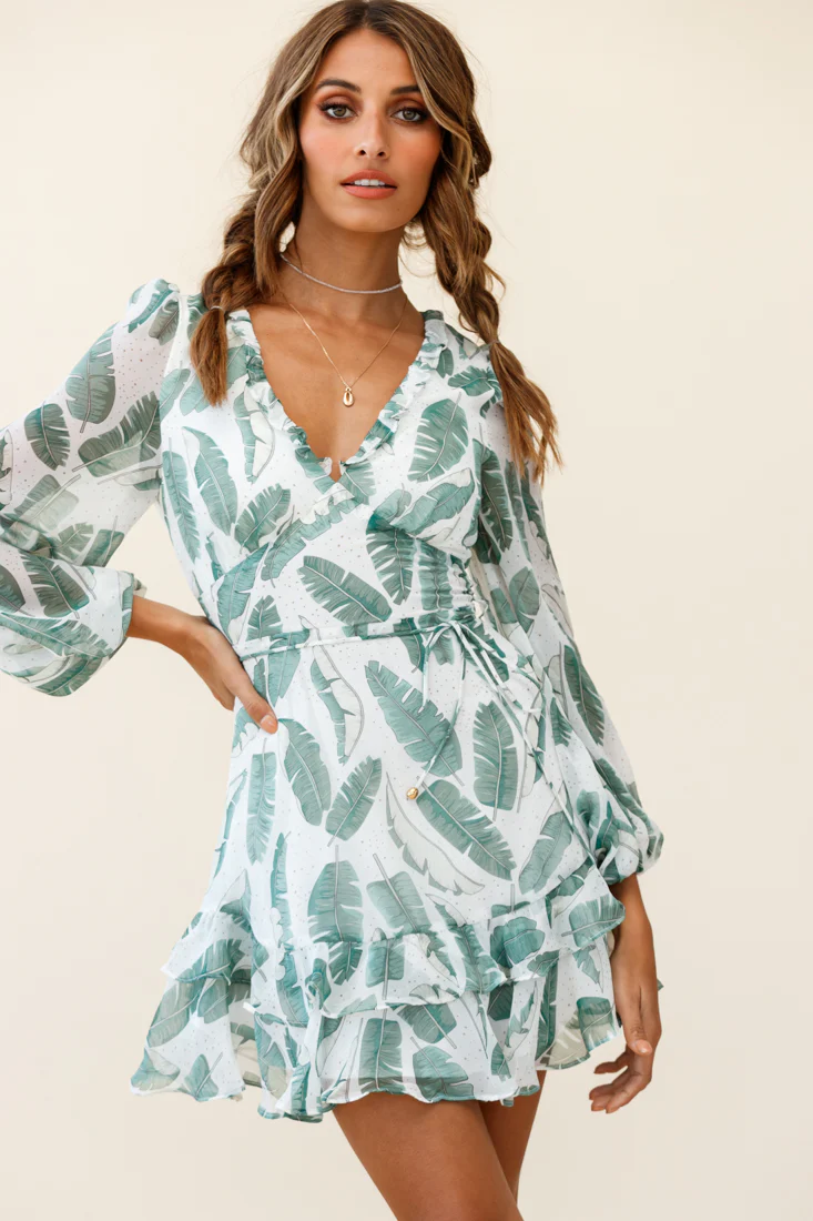 Tozzi Long Balloon Sleeve V-Neckline Dress Feather Print White - Image 2