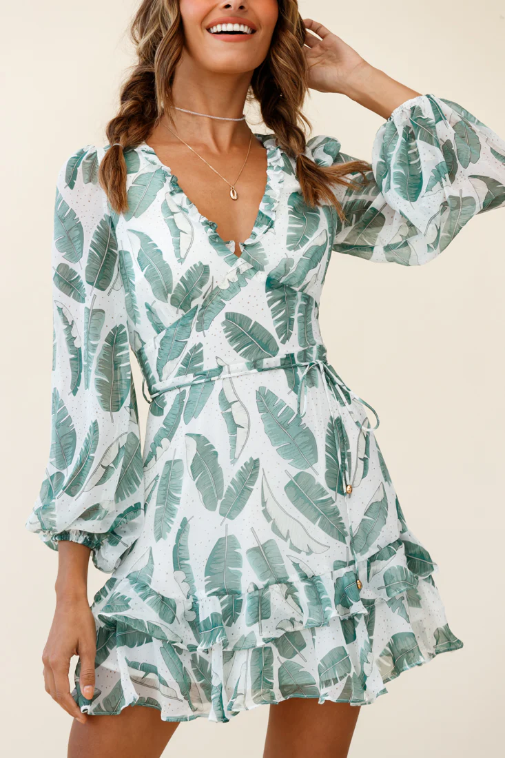 Tozzi Long Balloon Sleeve V-Neckline Dress Feather Print White - Image 7