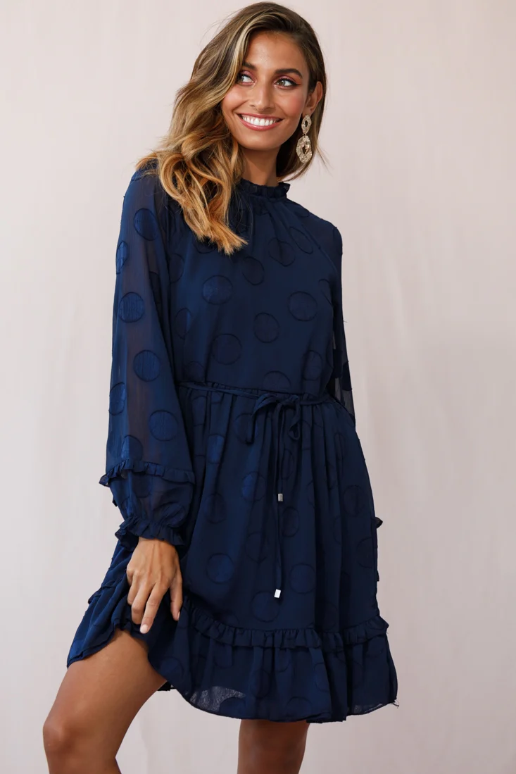 Tracee High Neckline Sheer Sleeve Polka Dot Dress Navy - Image 2