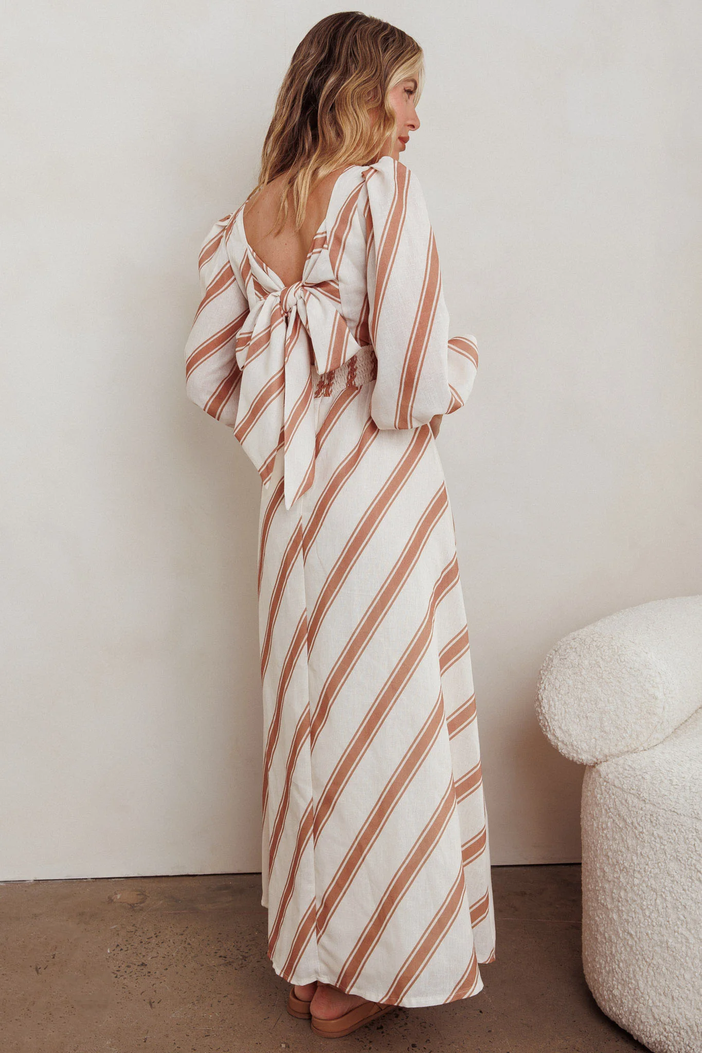 Transcendent Puff Sleeves Striped Maxi Dress Tan - Image 3