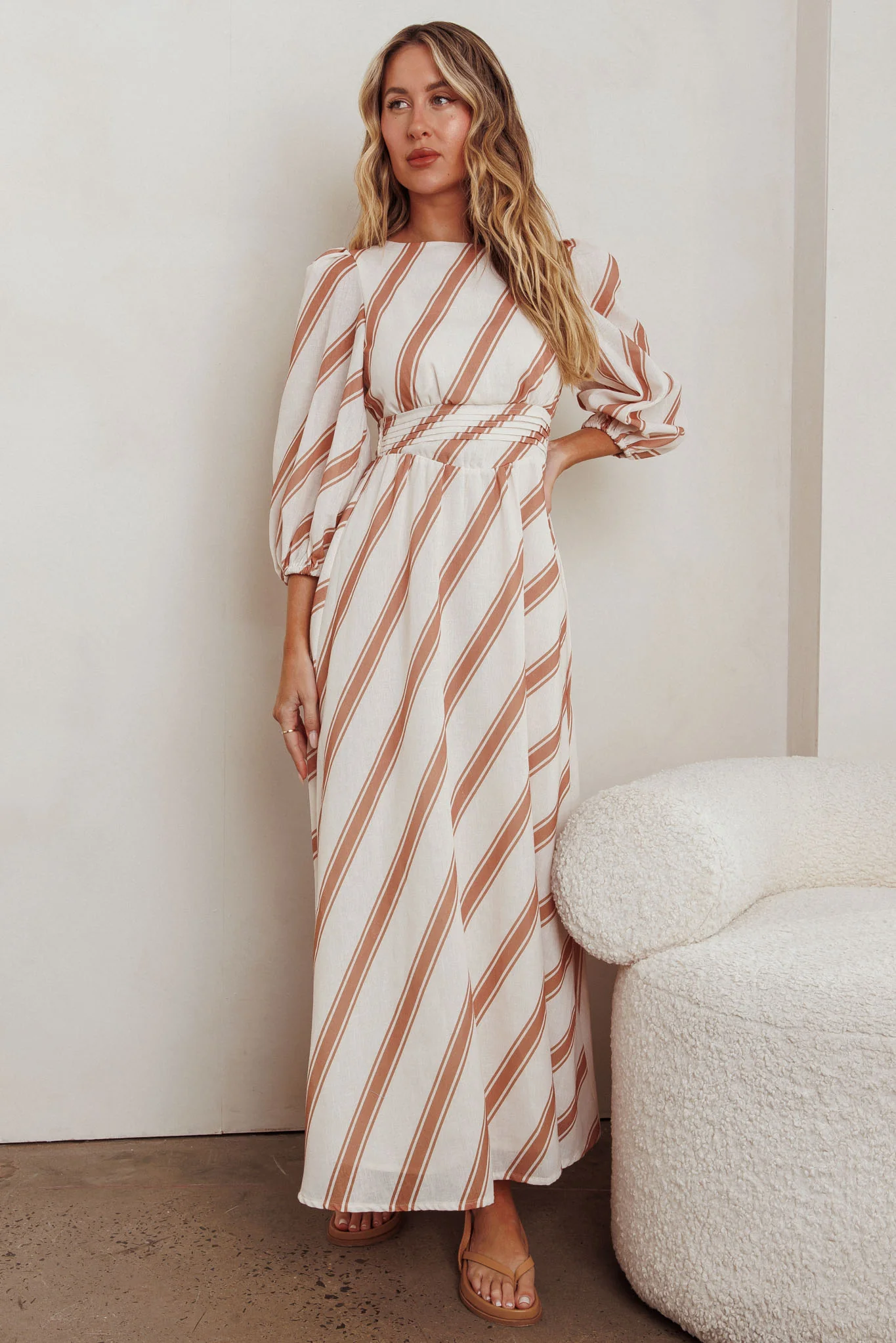 Transcendent Puff Sleeves Striped Maxi Dress Tan - Image 4