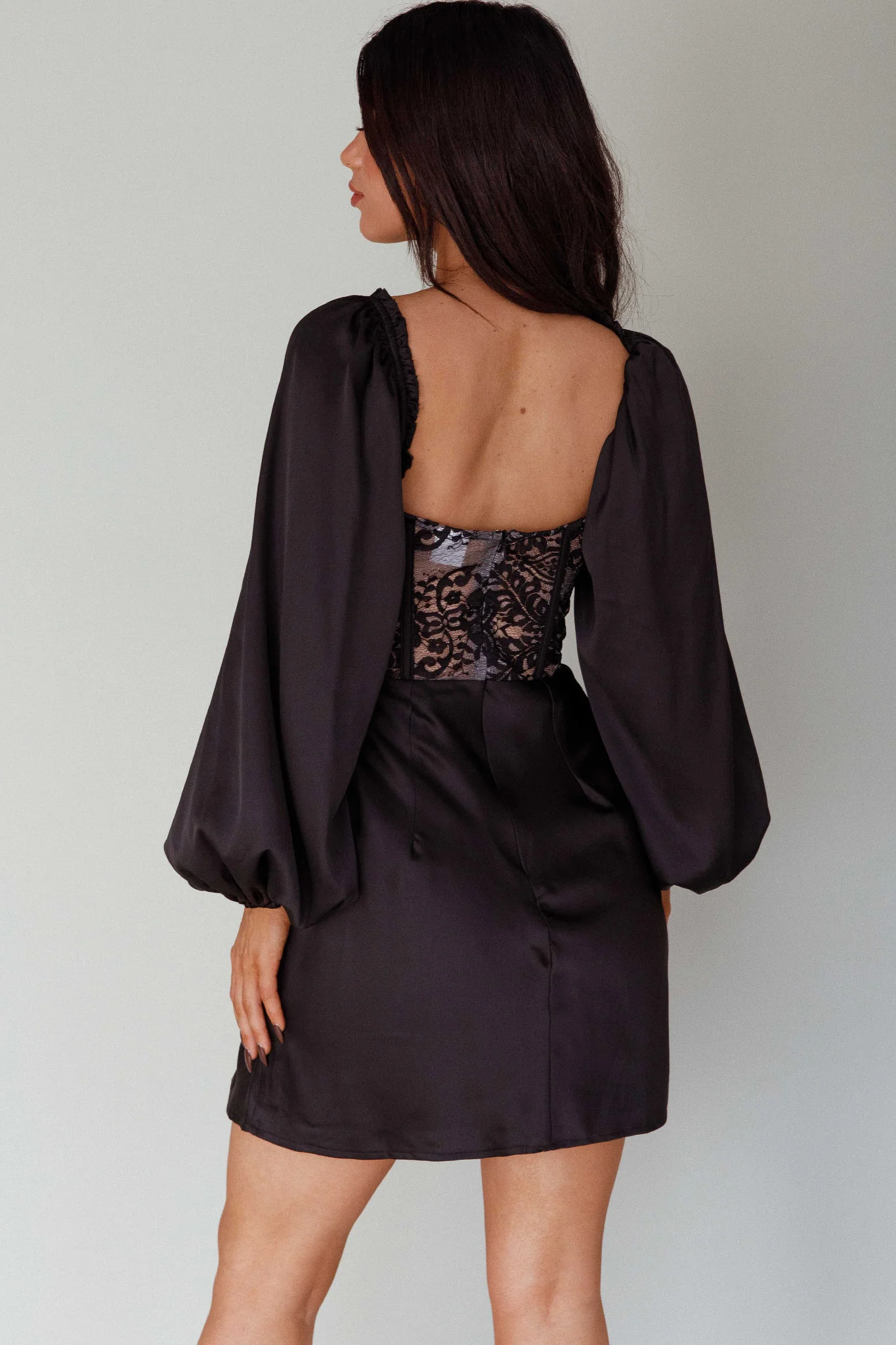 Trophy Long Sleeve Lace Bodice Mini Dress Black - Image 2