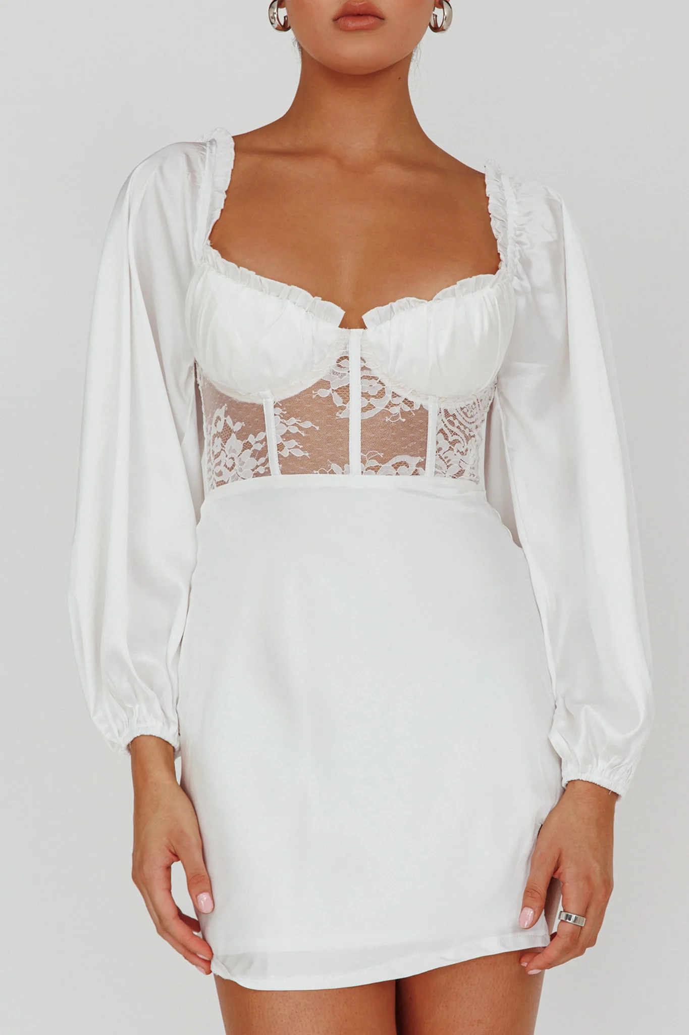 Trophy Long Sleeve Lace Bodice Mini Dress White - Image 4