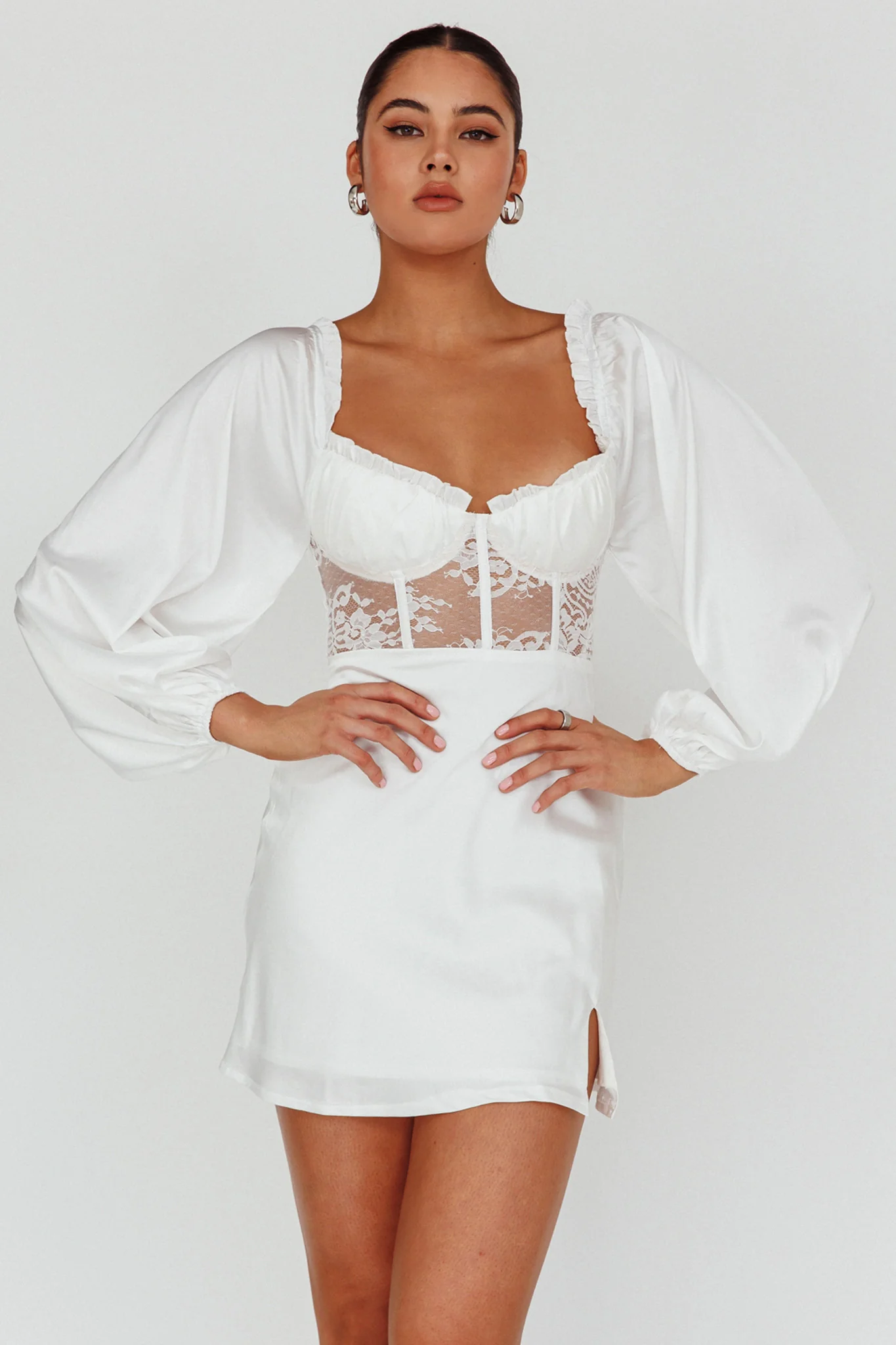Trophy Long Sleeve Lace Bodice Mini Dress White - Image 5