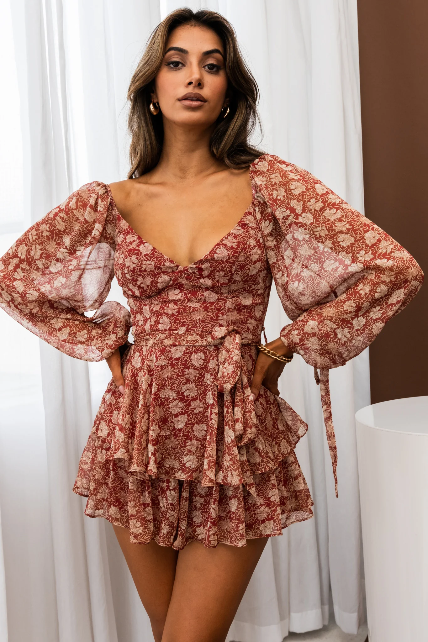 True Love Long Balloon Sleeve Layered Flounce Romper Floral Print Wine - Image 6