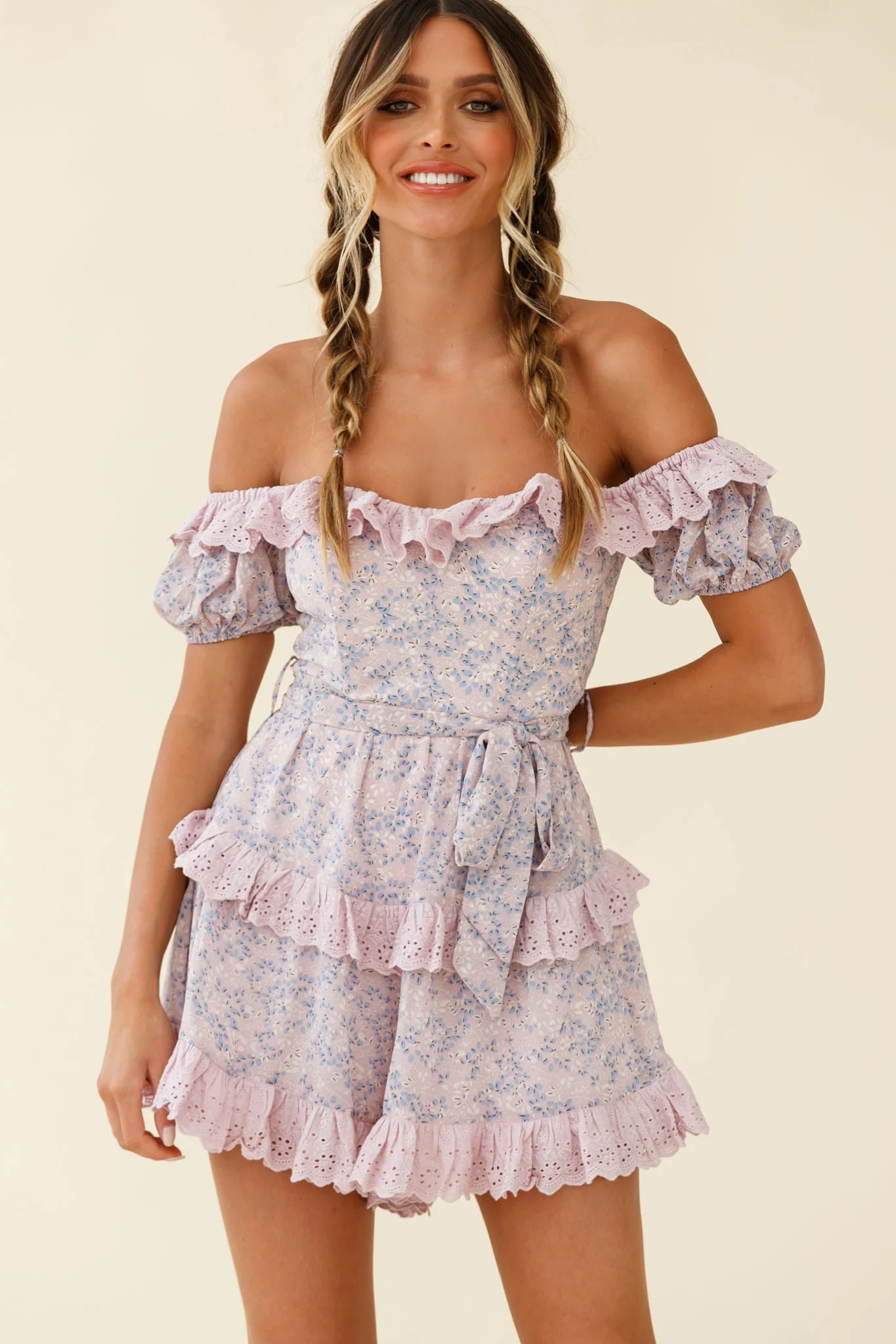 Tulsa Off Shoulder Waist Tie Frill Romper Floral Print Pink - Image 5