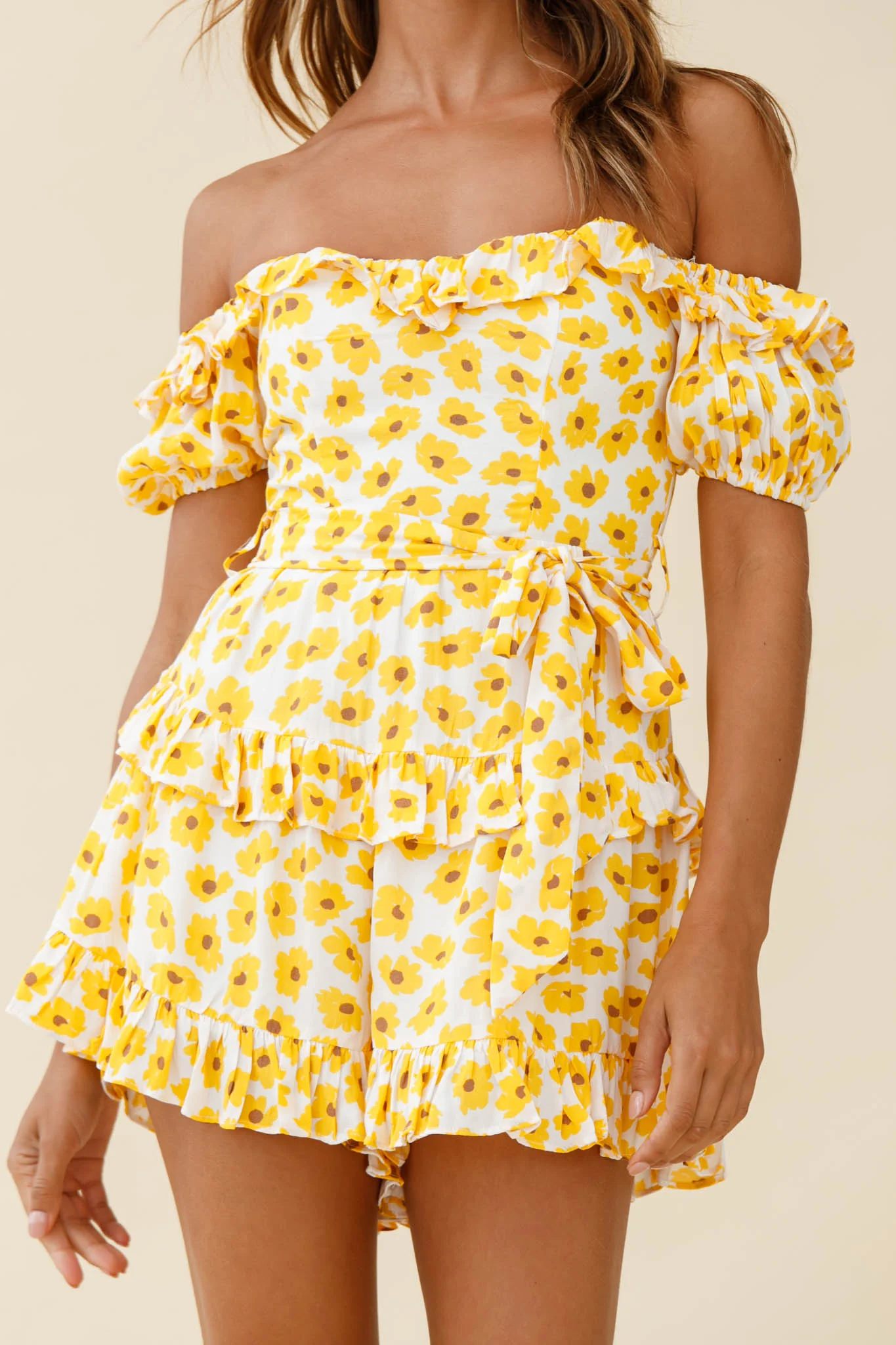 Tulsa Off Shoulder Waist Tie Frill Romper Floral Print White/Yellow - Image 4