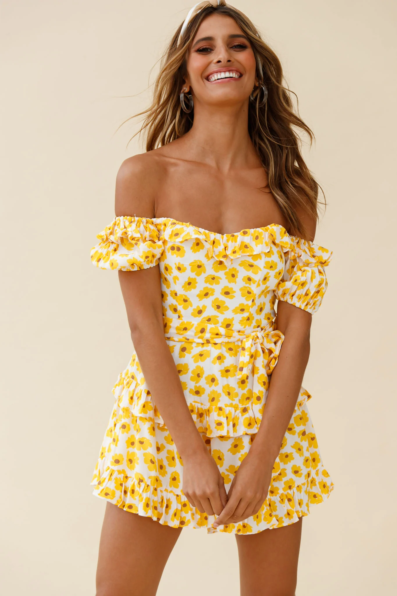 Tulsa Off Shoulder Waist Tie Frill Romper Floral Print White/Yellow - Image 6