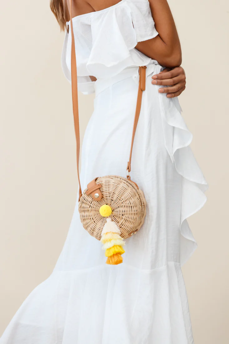 Tulum Woven Circle Tassel Trim Bag Yellow - Image 2