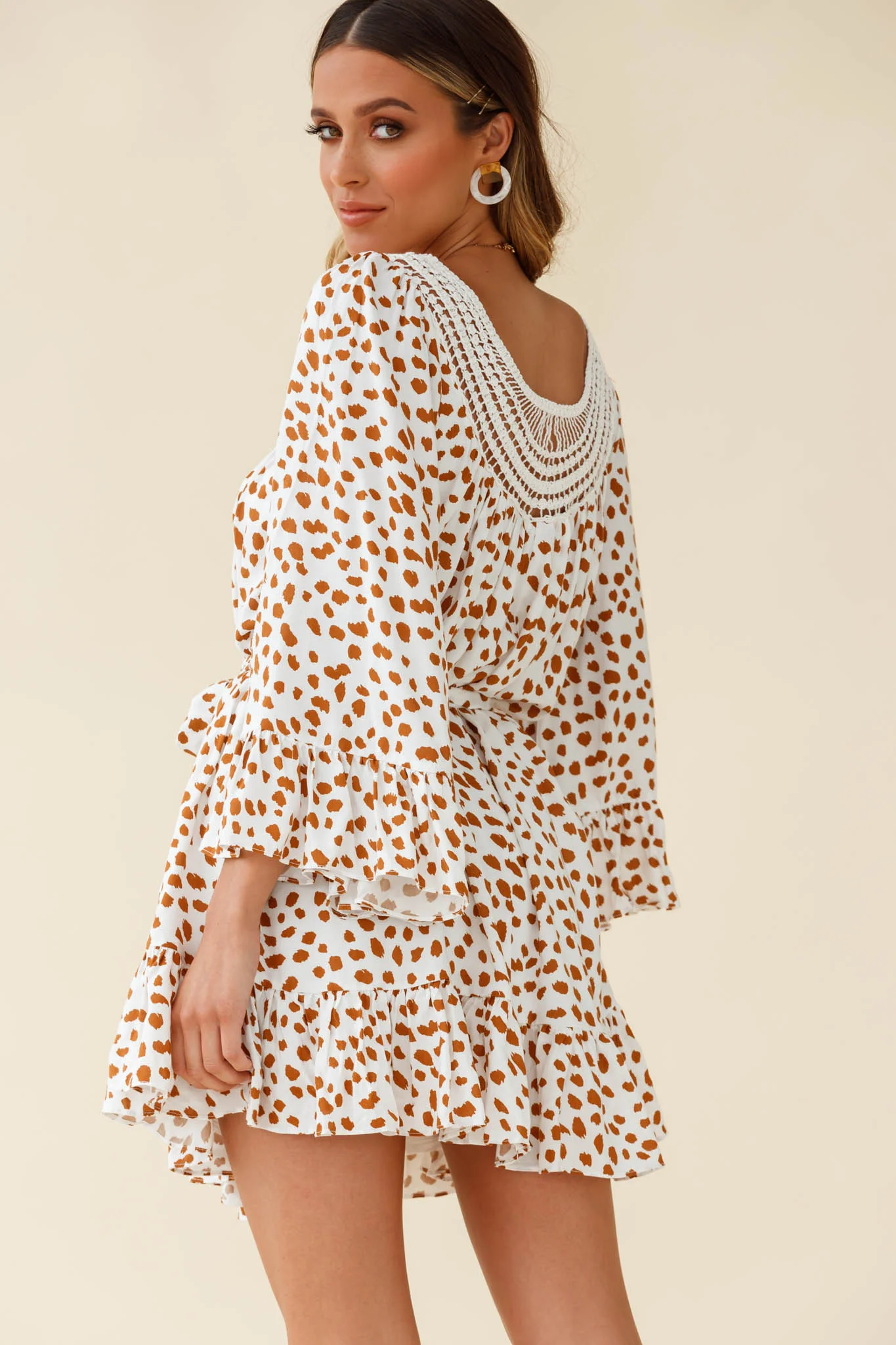 Turn Back Time Long Sleeve Crochet Neckline Dress Animal Print White/Brown - Image 3