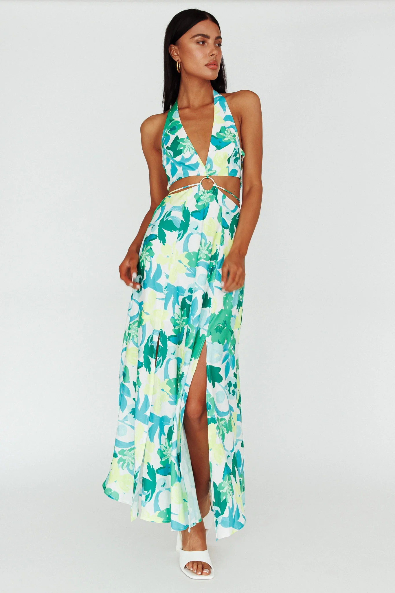 Tuscan Summers Cut-Out Midi Dress Floral Green - Image 3