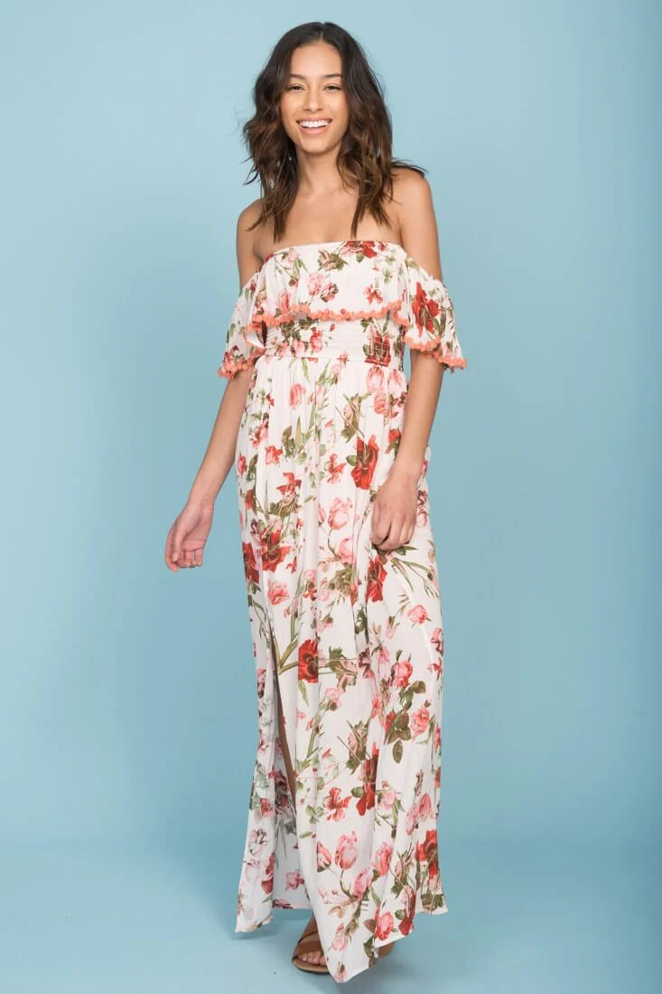 Tuscany Off The Shoulder Maxi Dress White & Red - Image 3