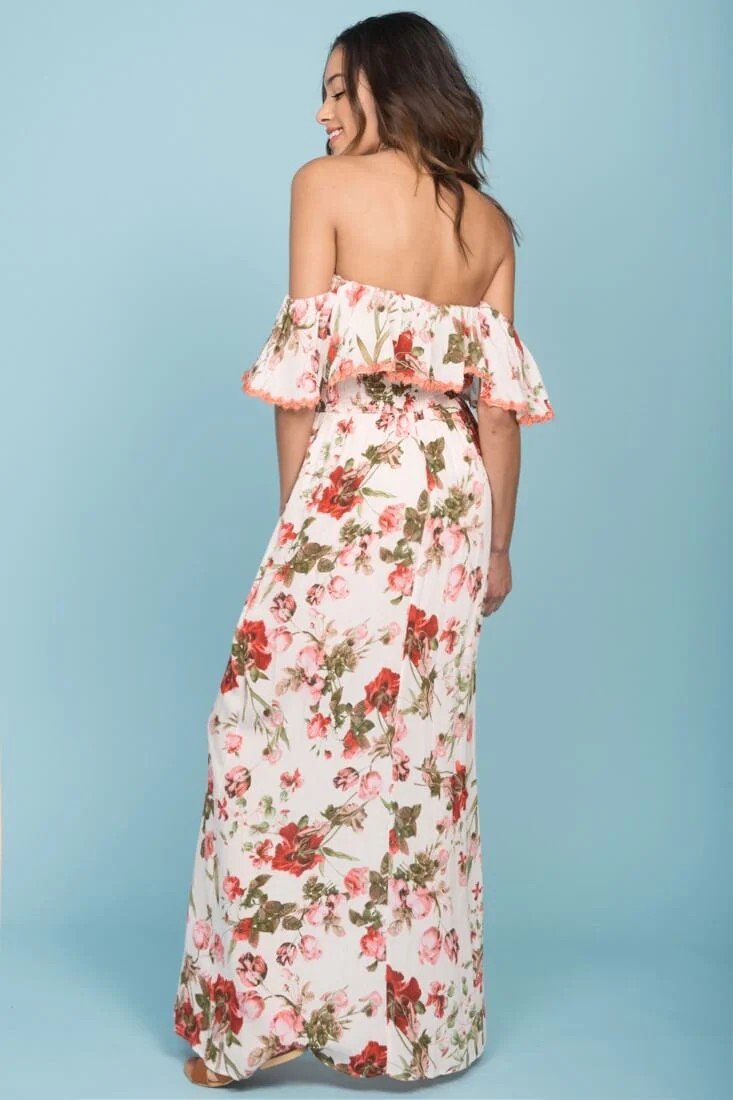 Tuscany Off The Shoulder Maxi Dress White & Red - Image 5