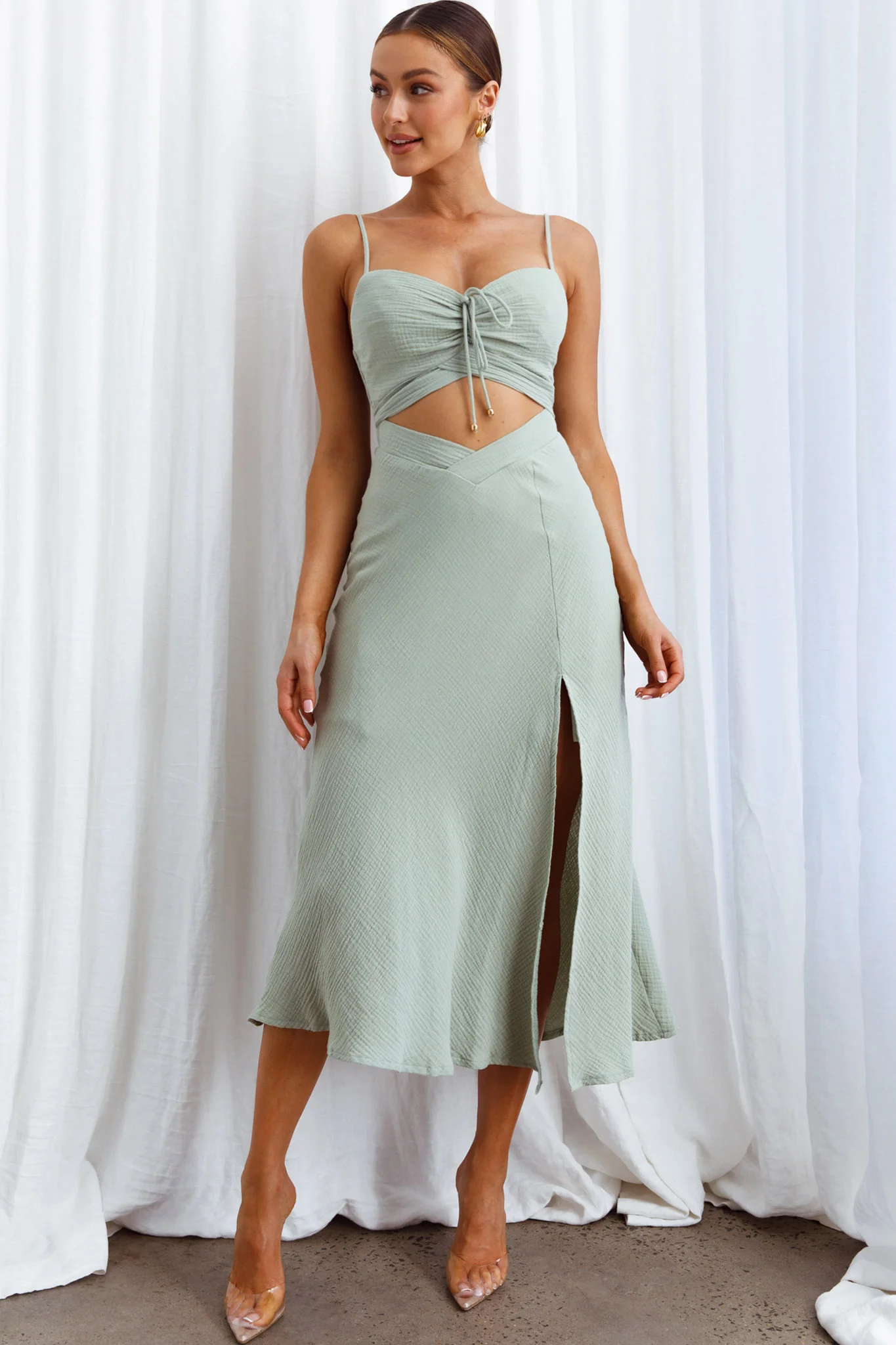 Twin Flame Drawstring Bust Midi Dress Sage - Image 8
