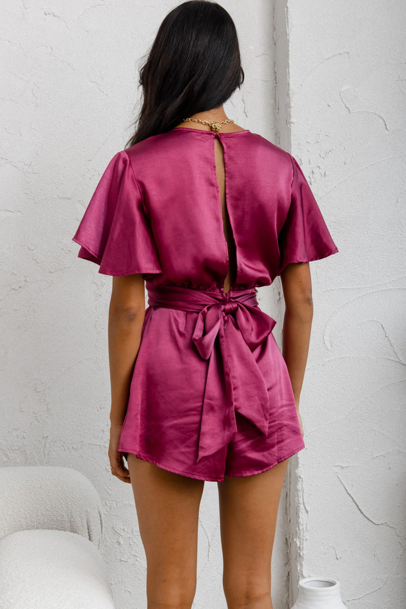 Unconditional Plunging Wrap Style Romper Fuchsia - Image 7
