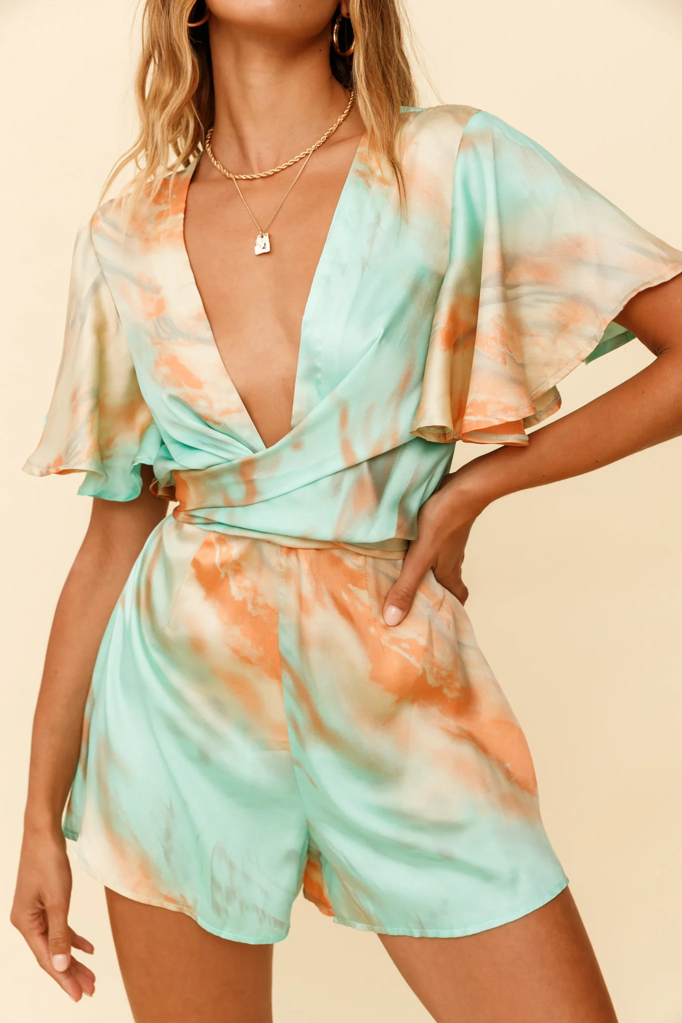 Unconditional Plunging Wrap Style Romper Marbled Tie Dye Aqua/Orange - Image 4