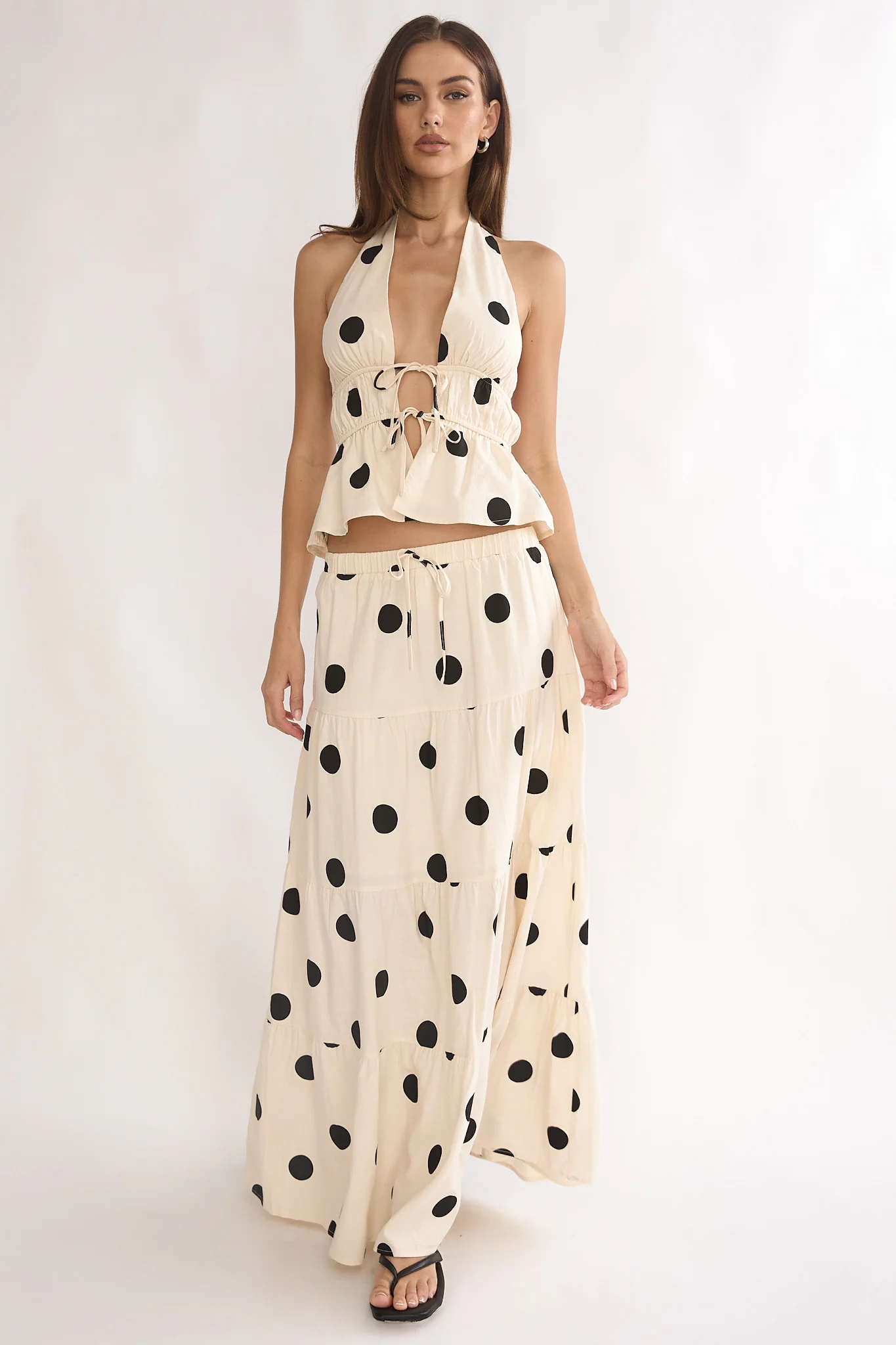 Under The Moons A-Line Maxi Skirt Polka Dot Beige