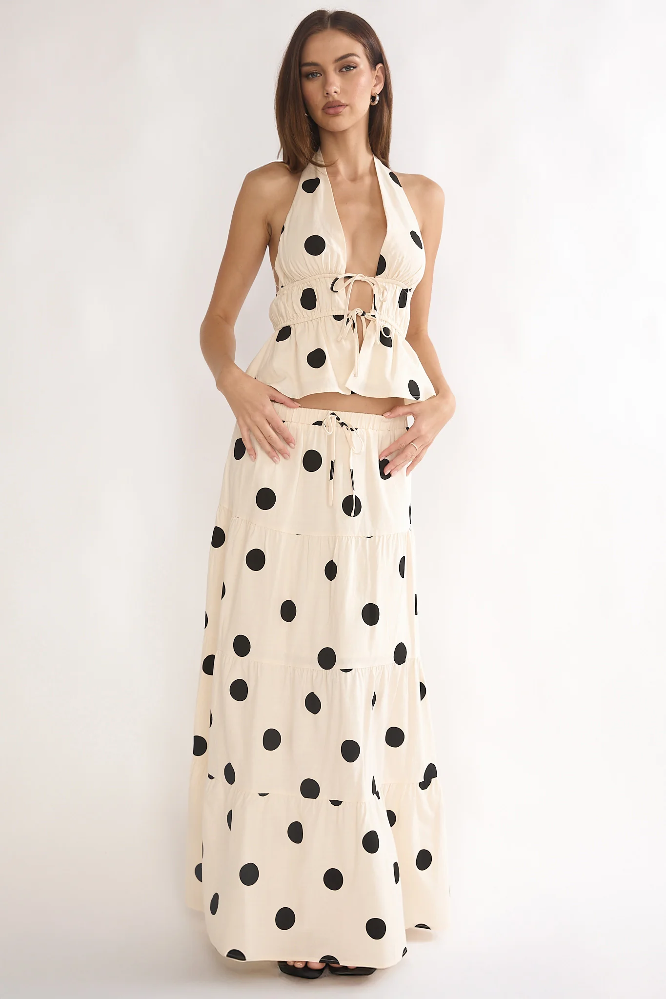 Under The Moons A-Line Maxi Skirt Polka Dot Beige - Image 2