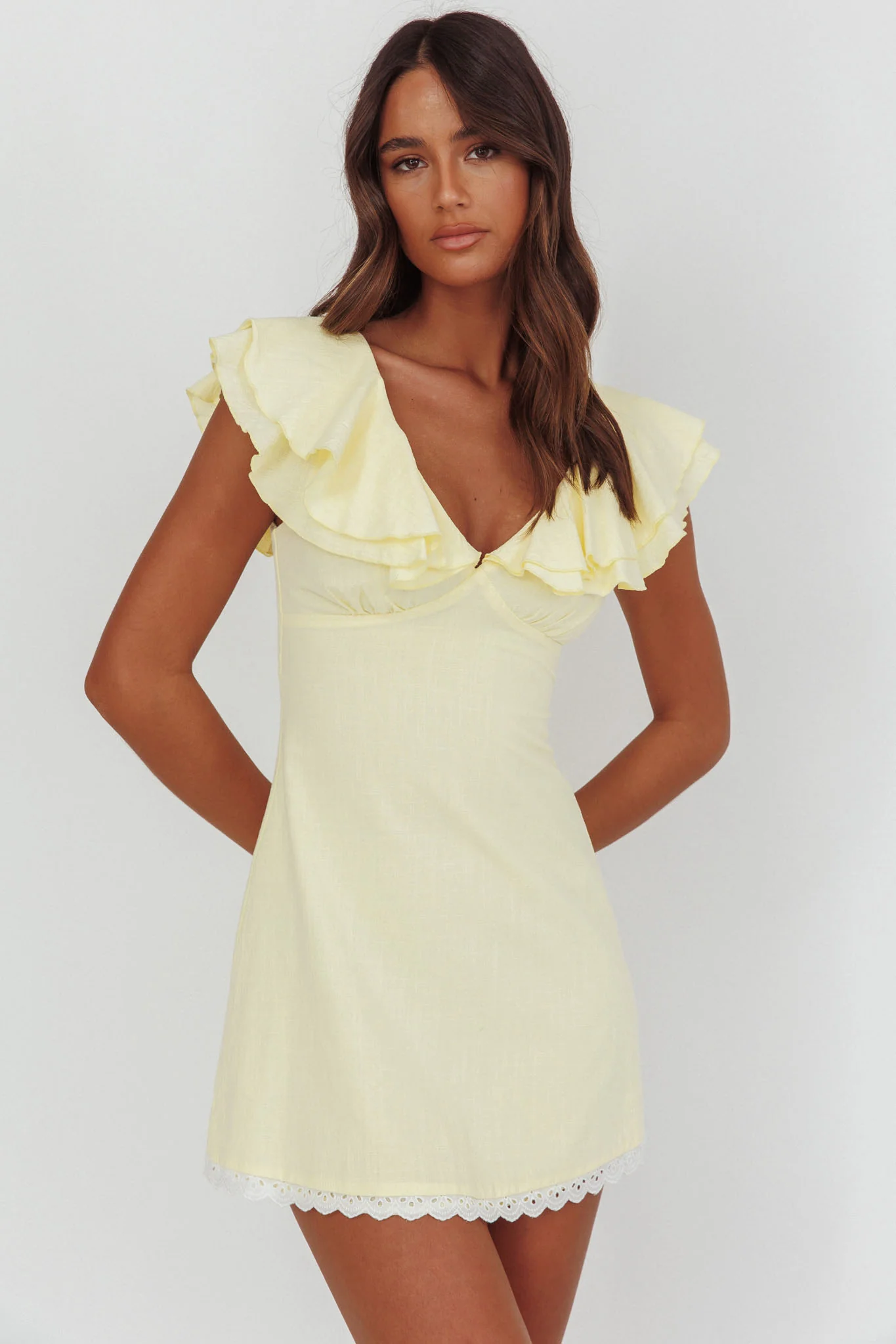 Unpredictable Layered Ruffle Neckline Mini Dress Butter - Image 5