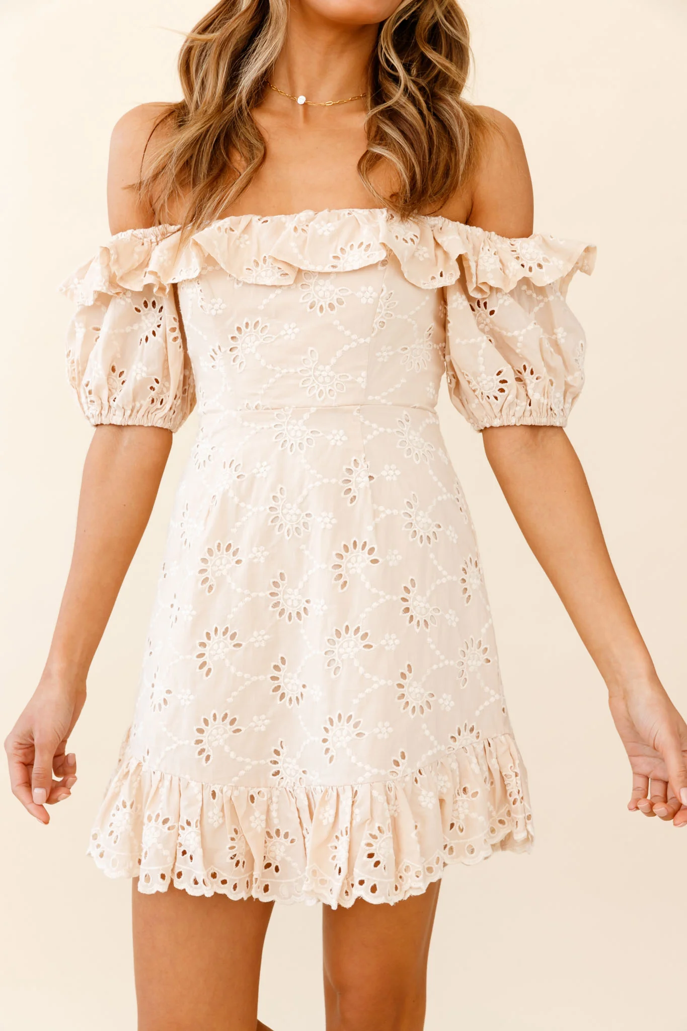 Up Front Puff Sleeve String-Tie Halterneck Embroidery Dress Beige - Image 4