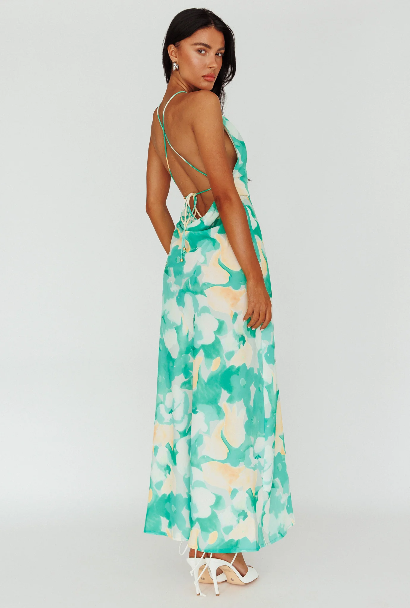Val Cowl Back Maxi Dress Floral Green - Image 2