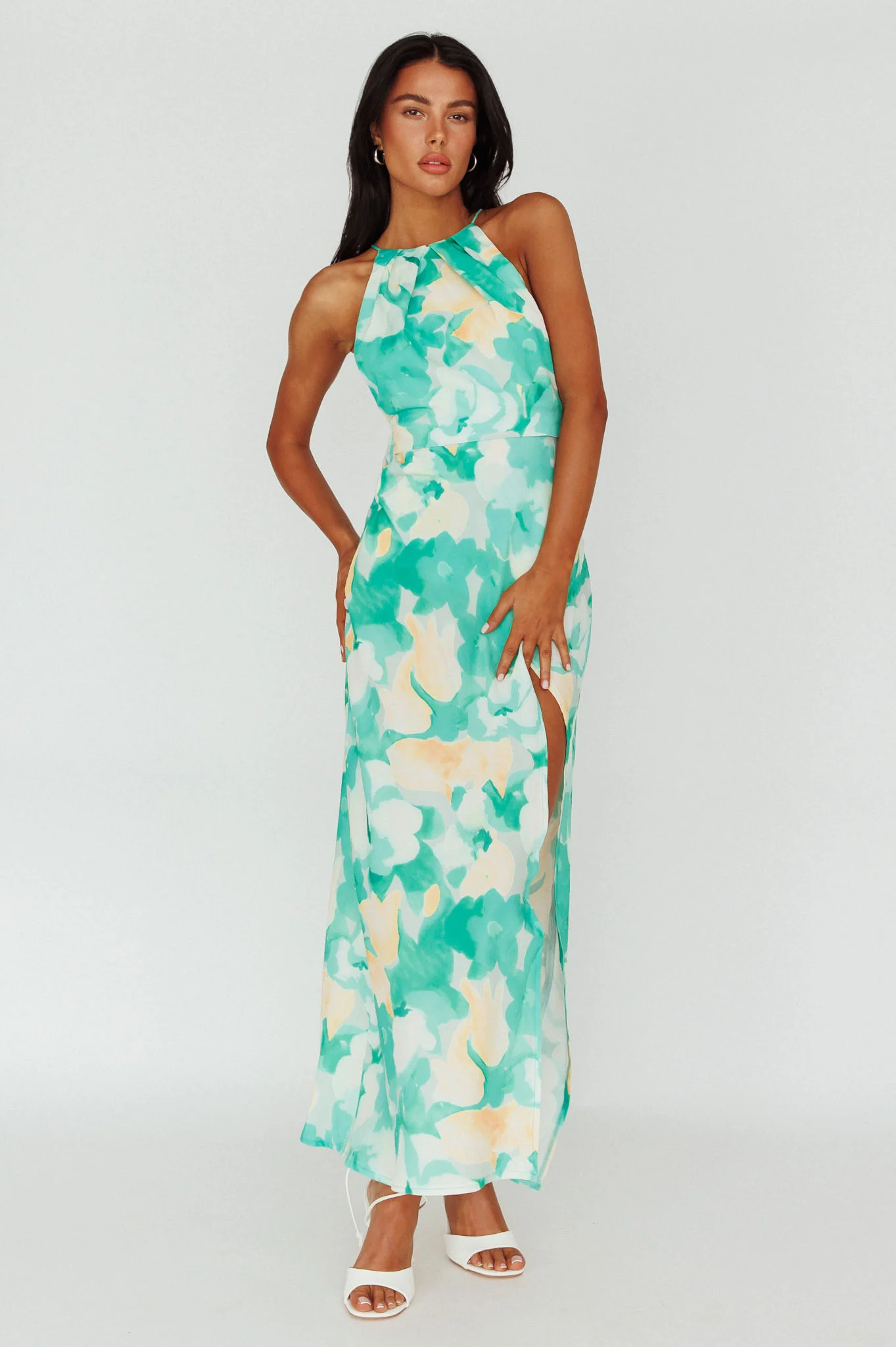 Val Cowl Back Maxi Dress Floral Green - Image 3