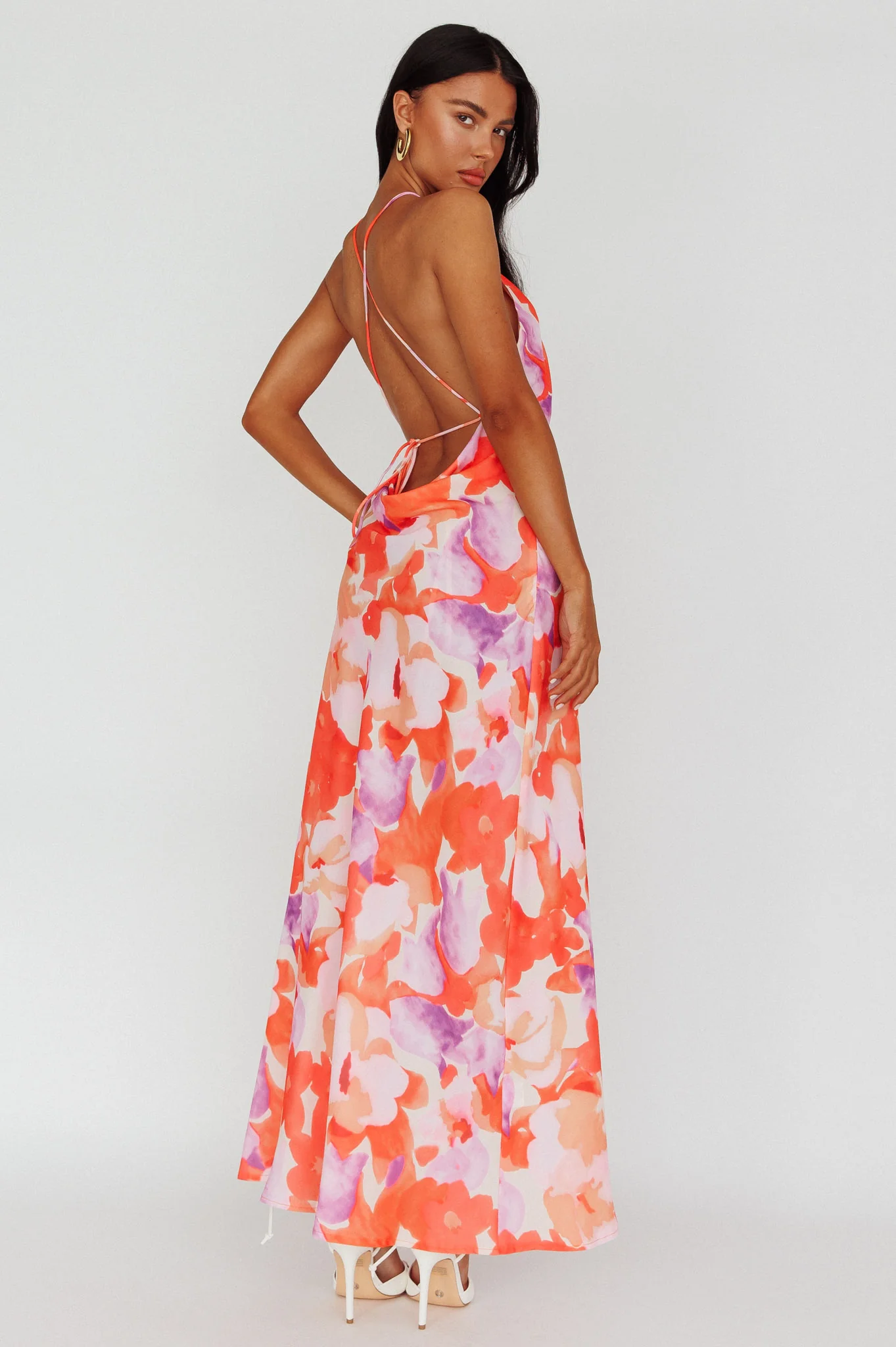 Val Cowl Back Maxi Dress Floral Orange - Image 2