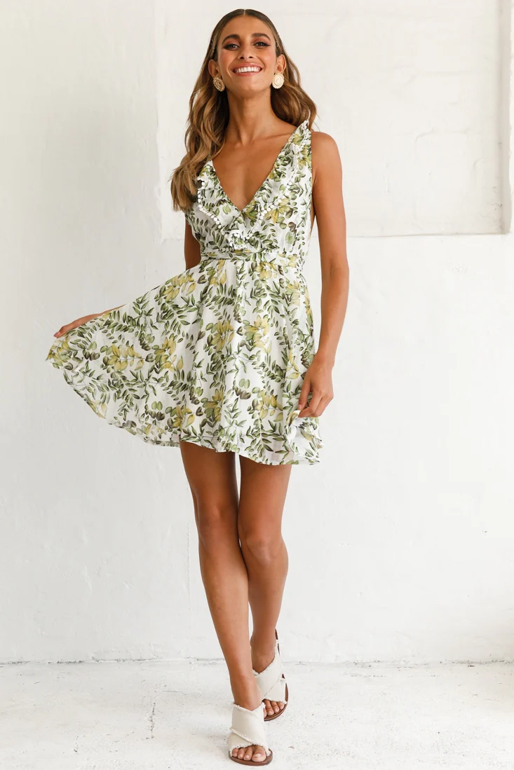 Valerie Criss-Cross Back V-Neckline Dress Leaf Print White - Image 5