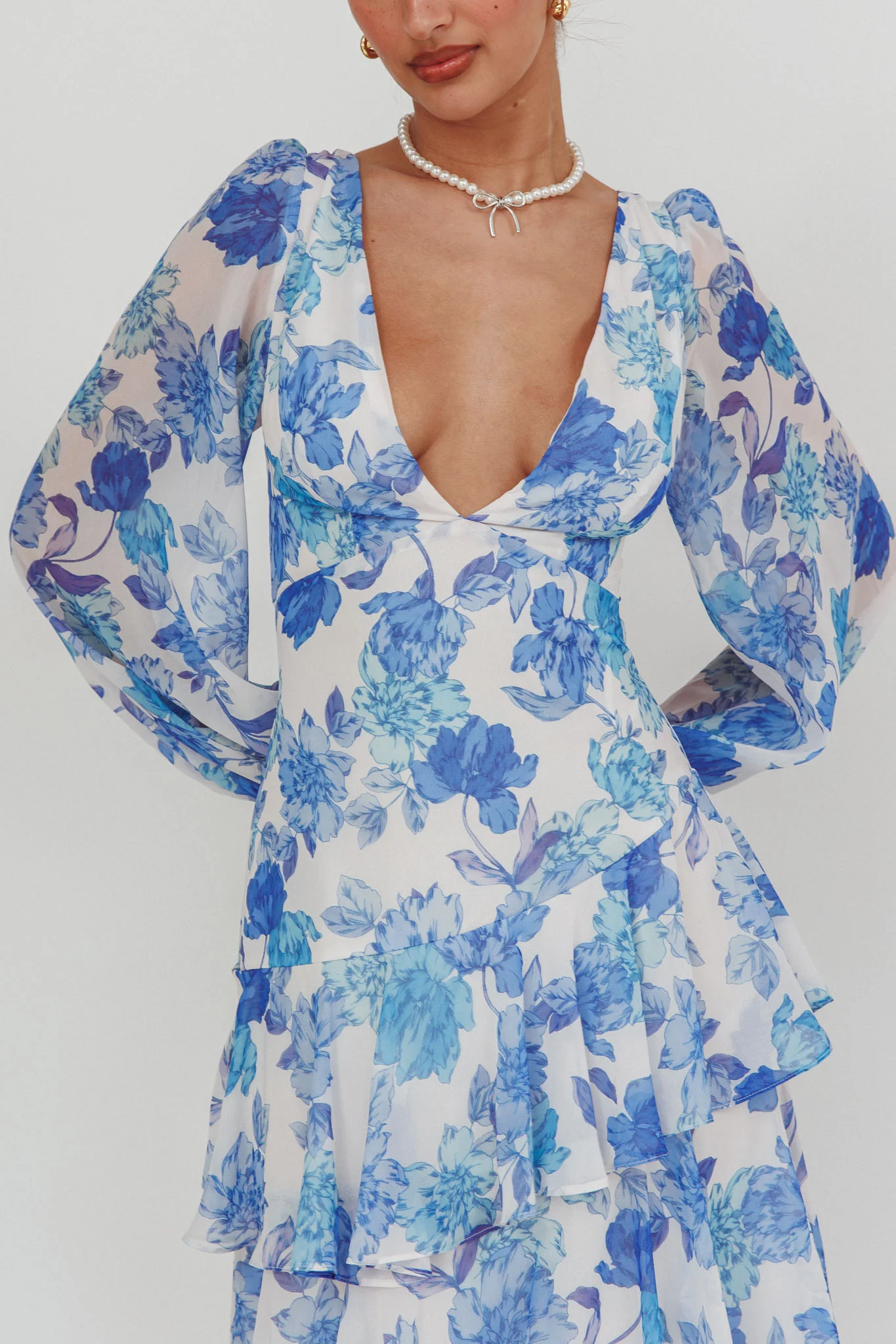 Veda Long Sleeve Floral Tiered Ruffle Maxi Dress Blue - Image 5