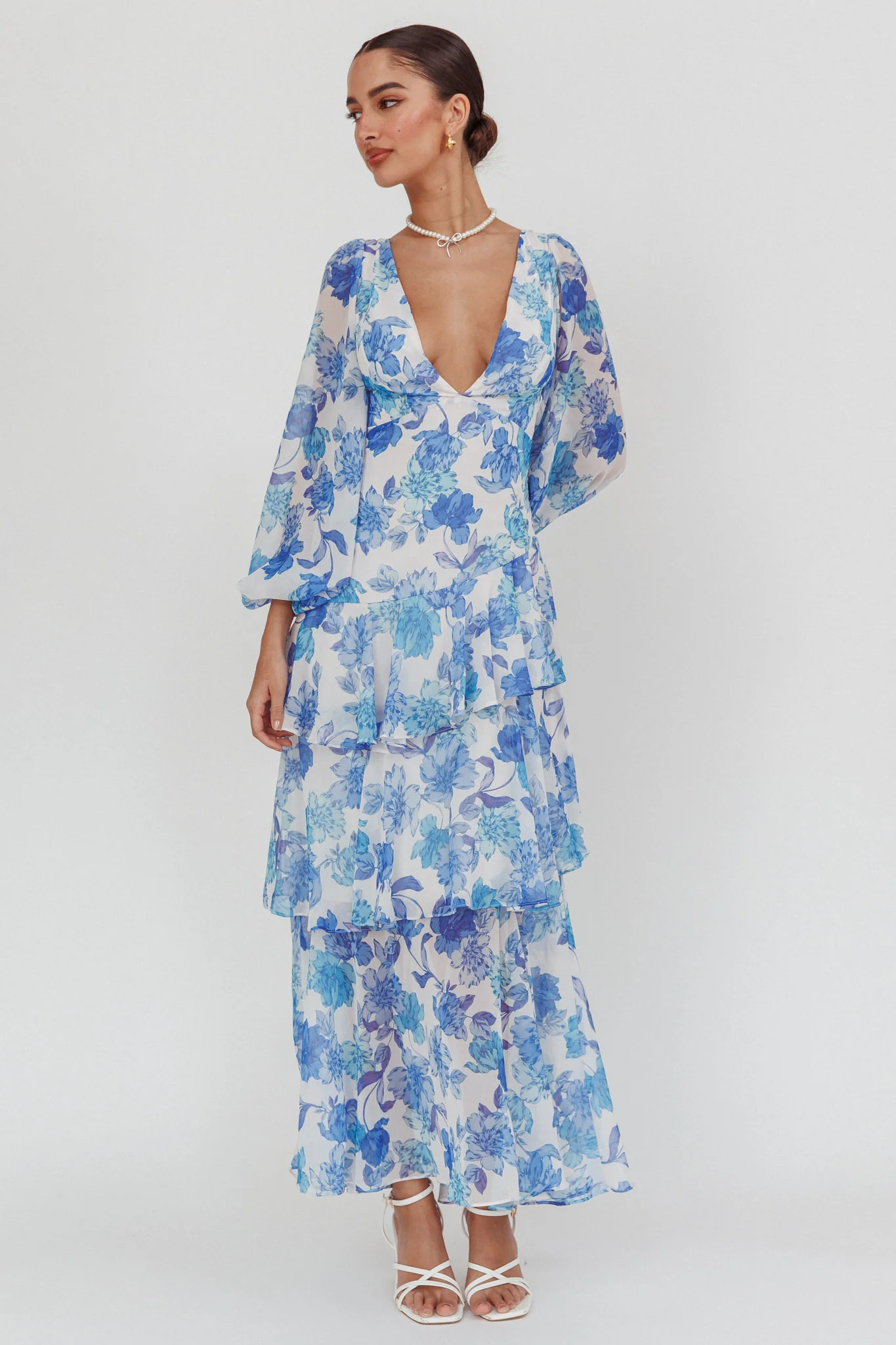 Veda Long Sleeve Floral Tiered Ruffle Maxi Dress Blue - Image 6