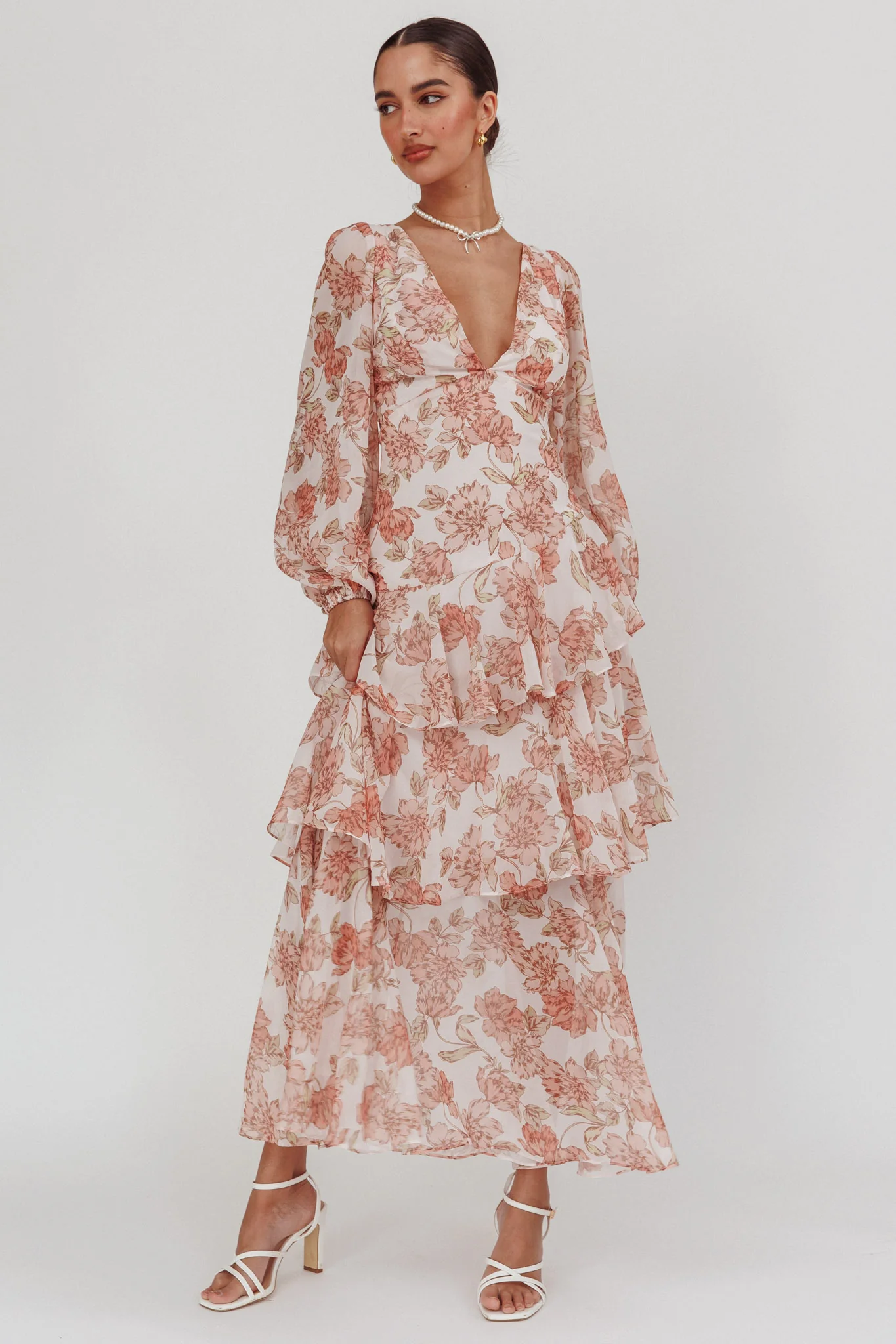 Veda Long Sleeve Floral Tiered Ruffle Maxi Dress Peach - Image 5