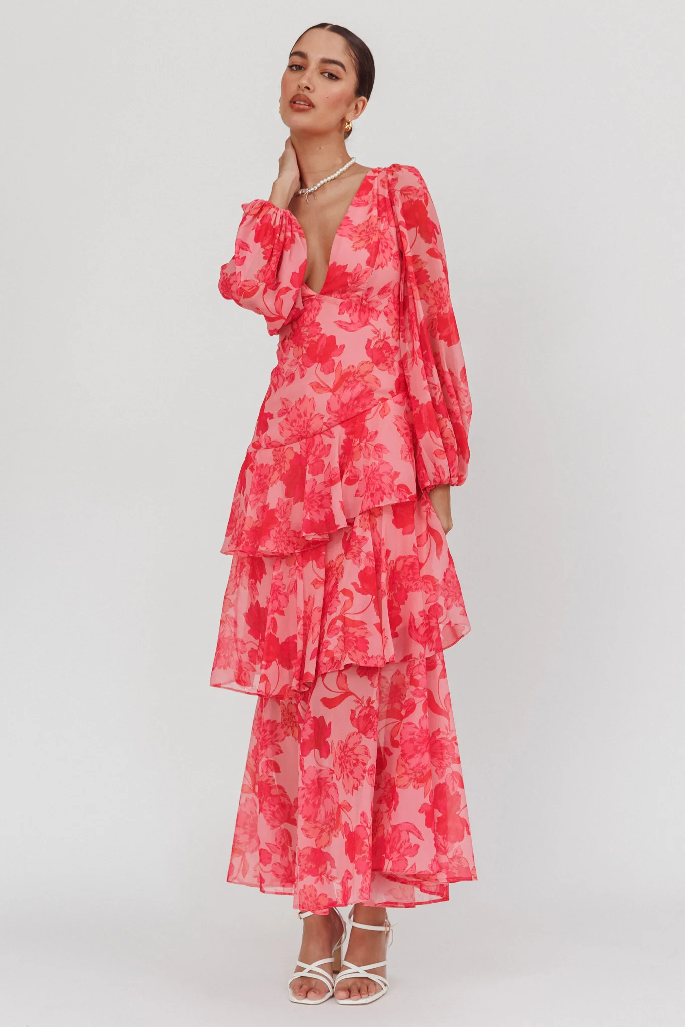 Veda Long Sleeve Floral Tiered Ruffle Maxi Dress Pink - Image 3