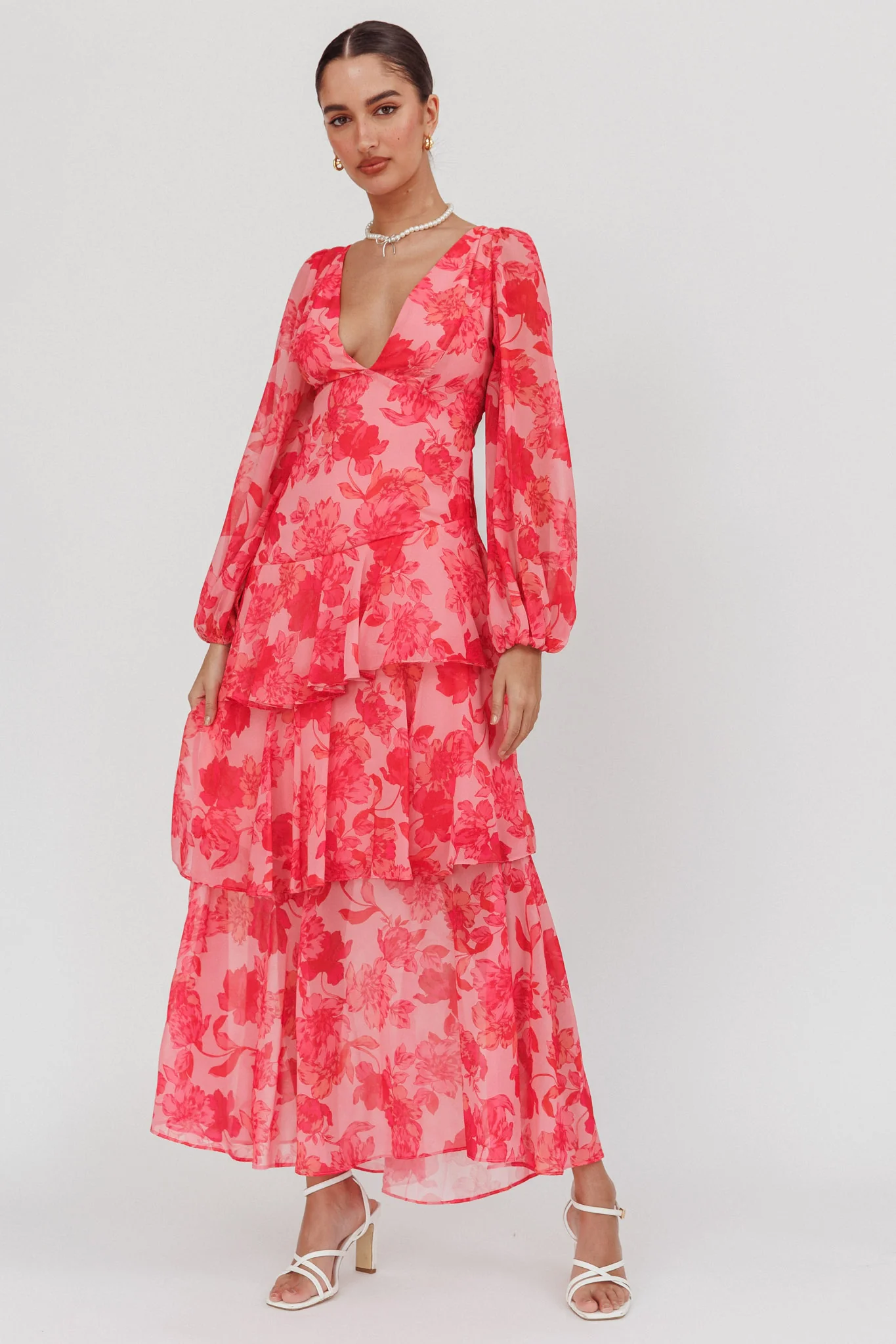 Veda Long Sleeve Floral Tiered Ruffle Maxi Dress Pink - Image 5
