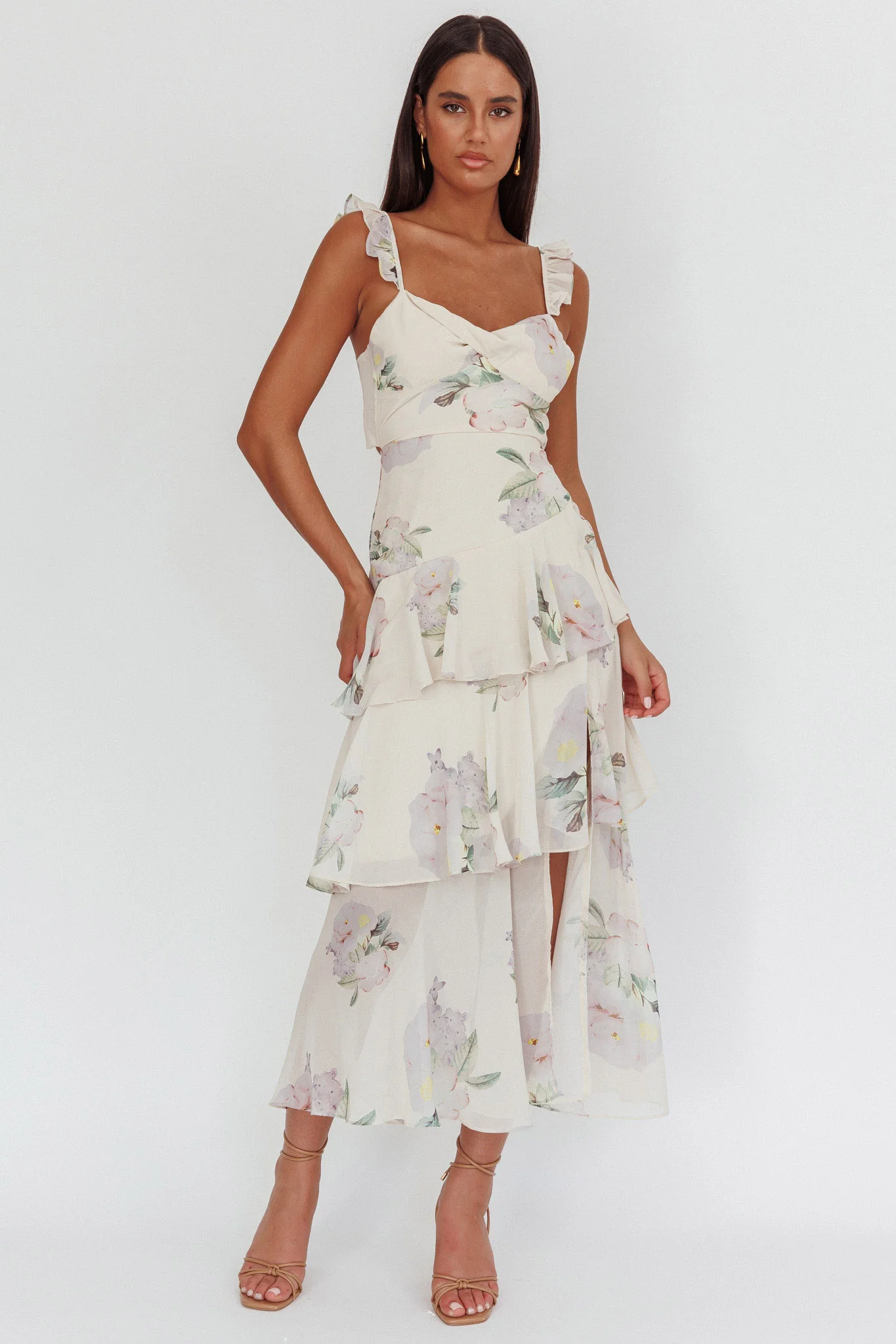 Veda Ruffle Strap Split Maxi Dress Magnolia Cream - Image 4