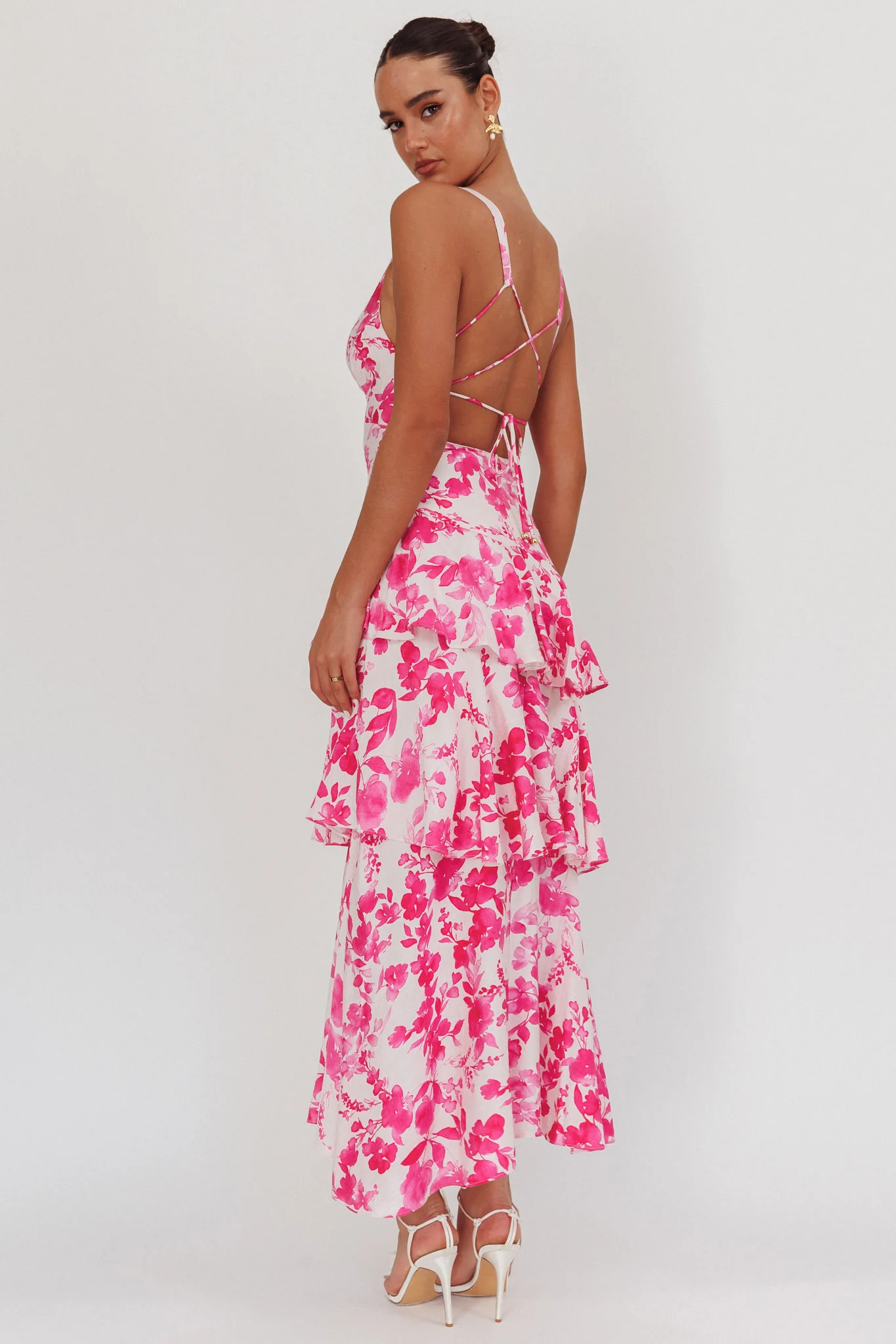 Veda Strappy Back Ruffle Maxi Dress Floral Fuchsia - Image 2